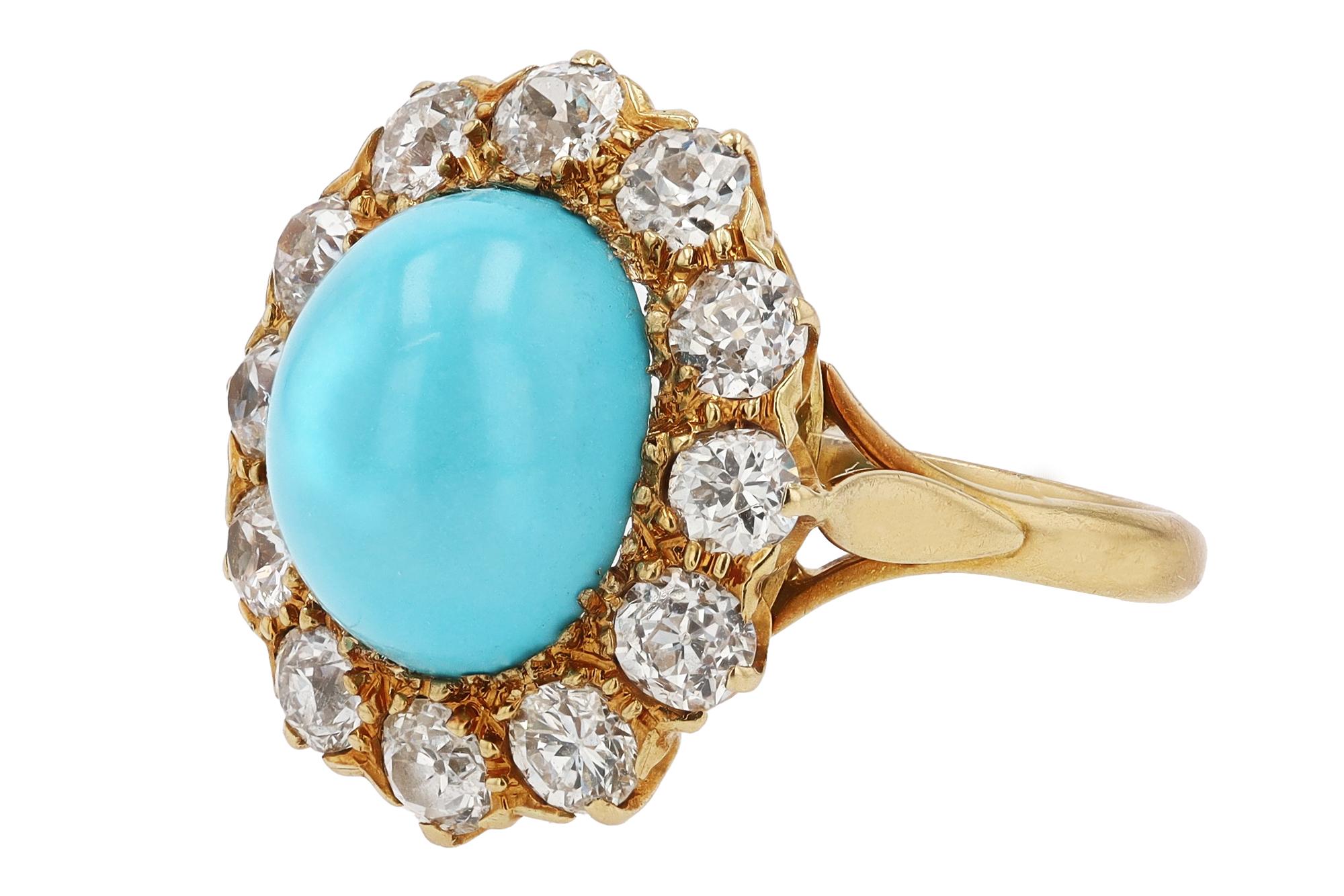 Victorian Antique Old Mine Cut Diamond and Turquoise Cocktail Ring For Sale