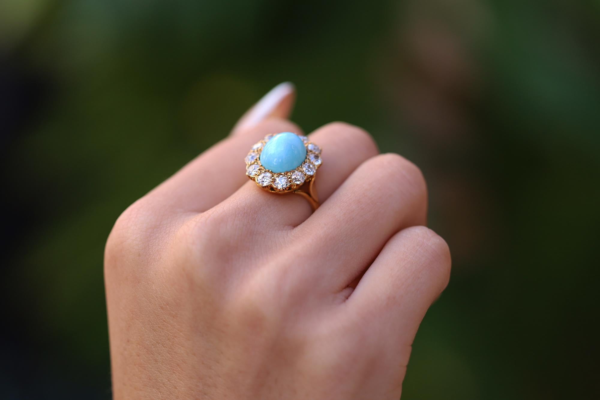 Cabochon Antique Old Mine Cut Diamond and Turquoise Cocktail Ring For Sale