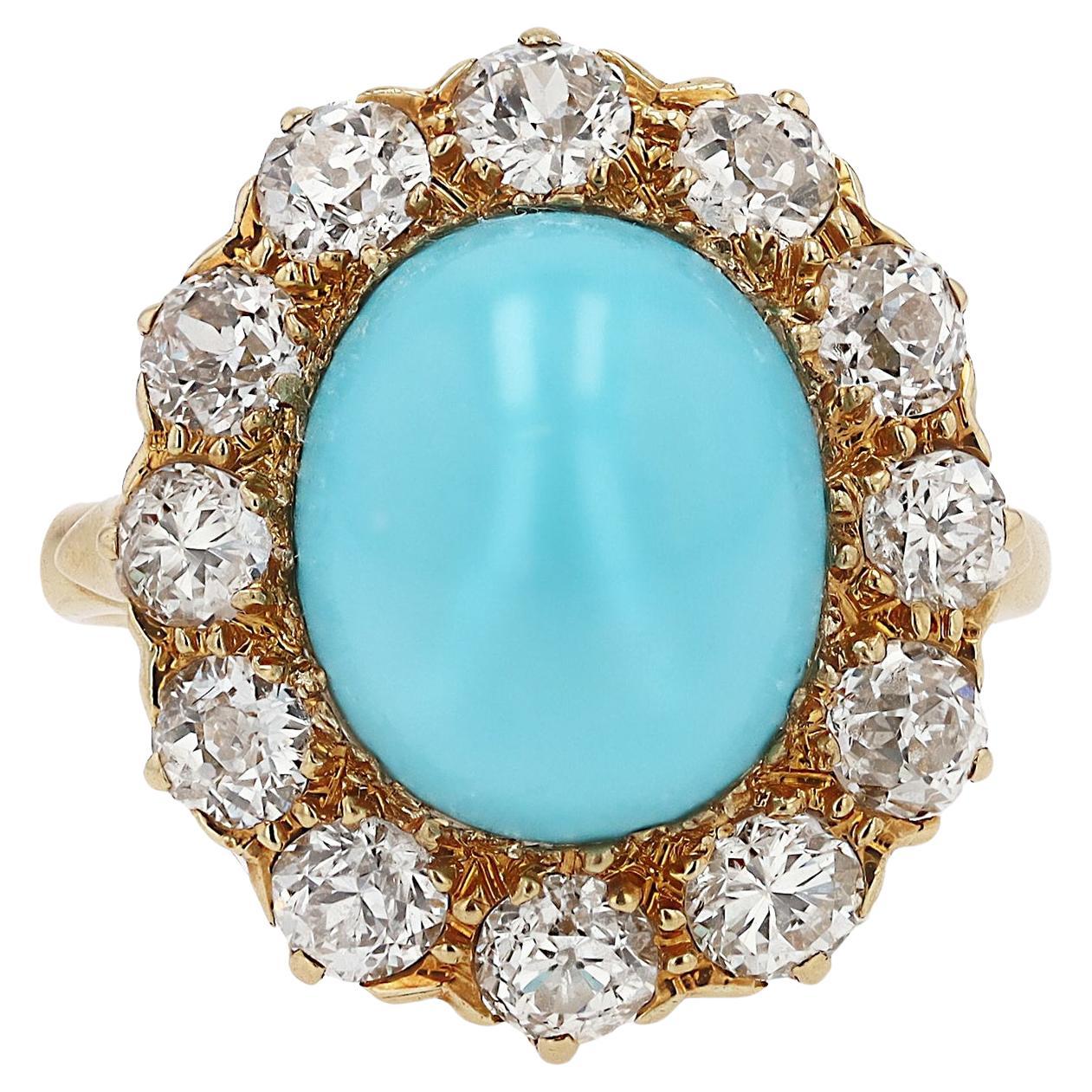 Antique Old Mine Cut Diamond and Turquoise Cocktail Ring For Sale