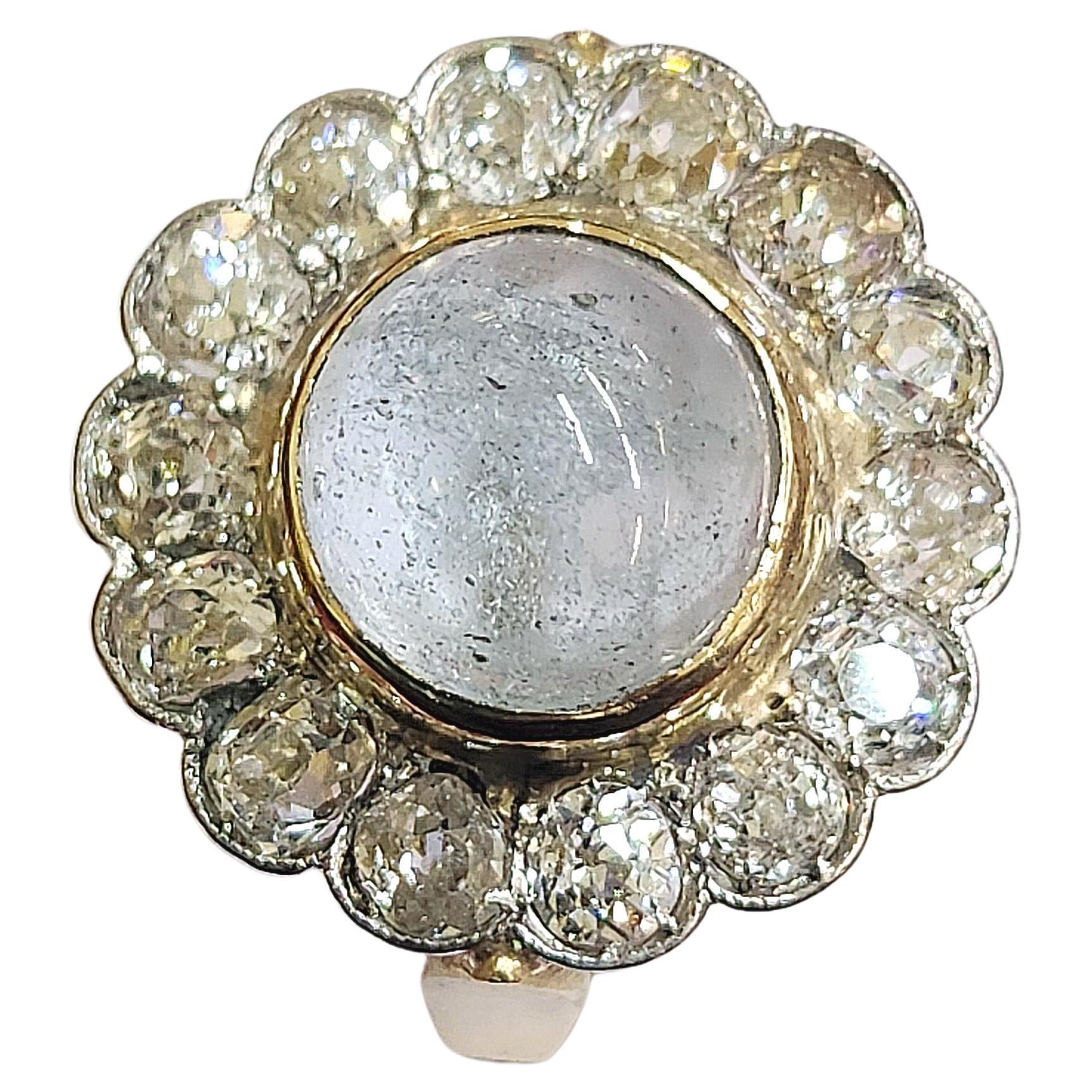 Antique Old Mine Cut Diamond Aquamarine Gold Ring In Good Condition For Sale In Cairo, EG