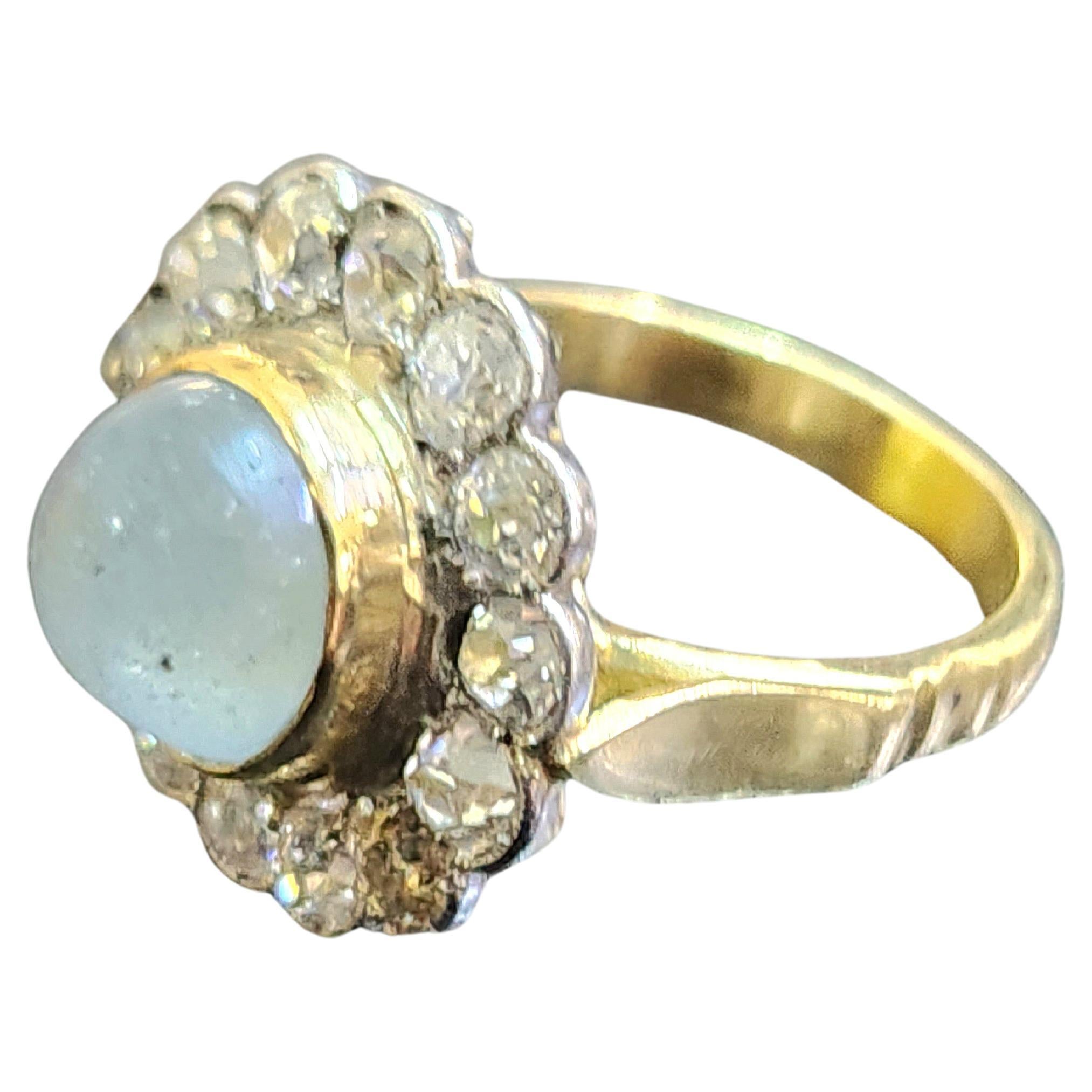Antique Old Mine Cut Diamond Aquamarine Gold Ring For Sale 1
