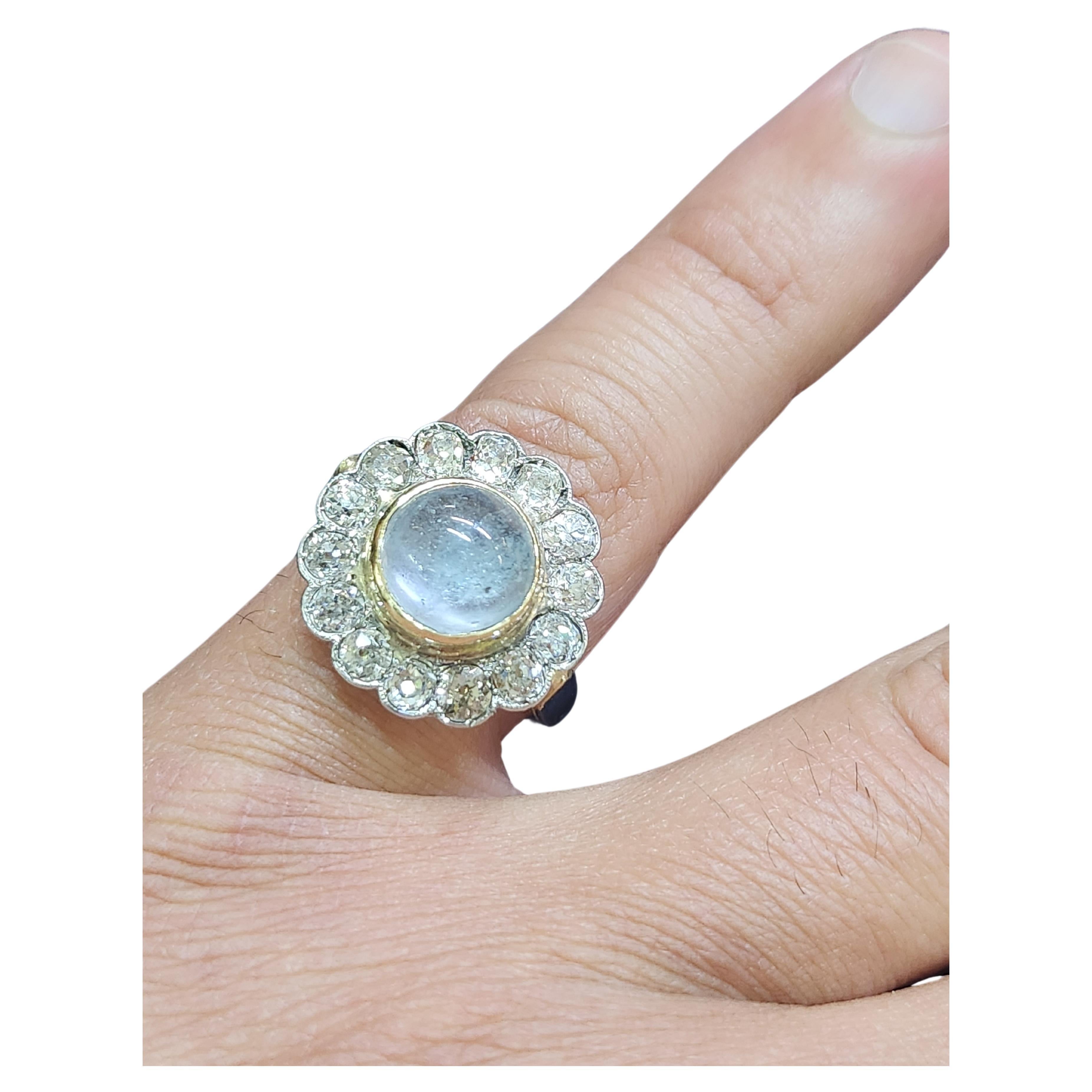 Antique Old Mine Cut Diamond Aquamarine Gold Ring For Sale 2