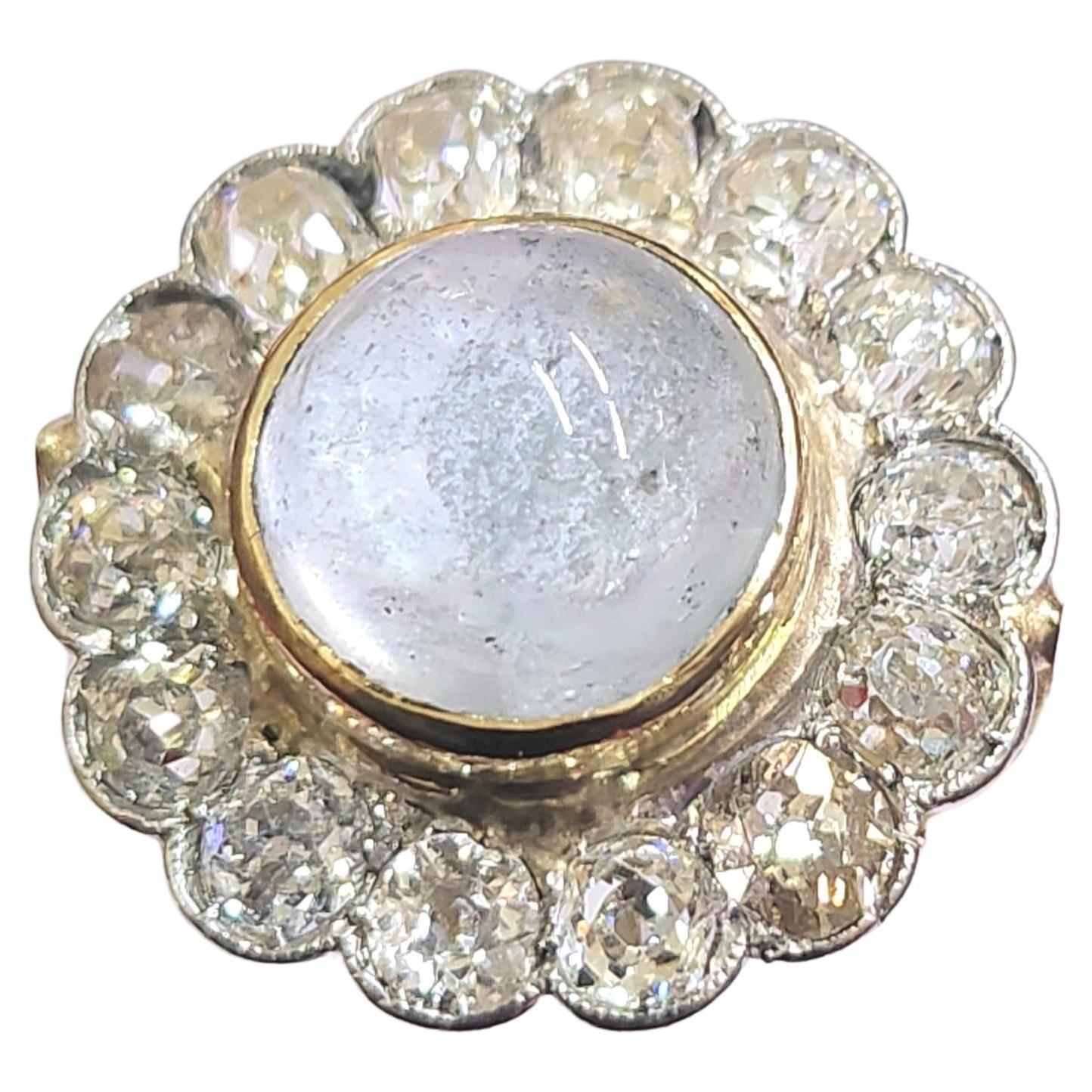 Antique european 18k gold ring centered with cobochon blue aquamarine stone flanked with 2.5 carats old mine cut diamonds excellent spark ring head diameter 19.30mm 