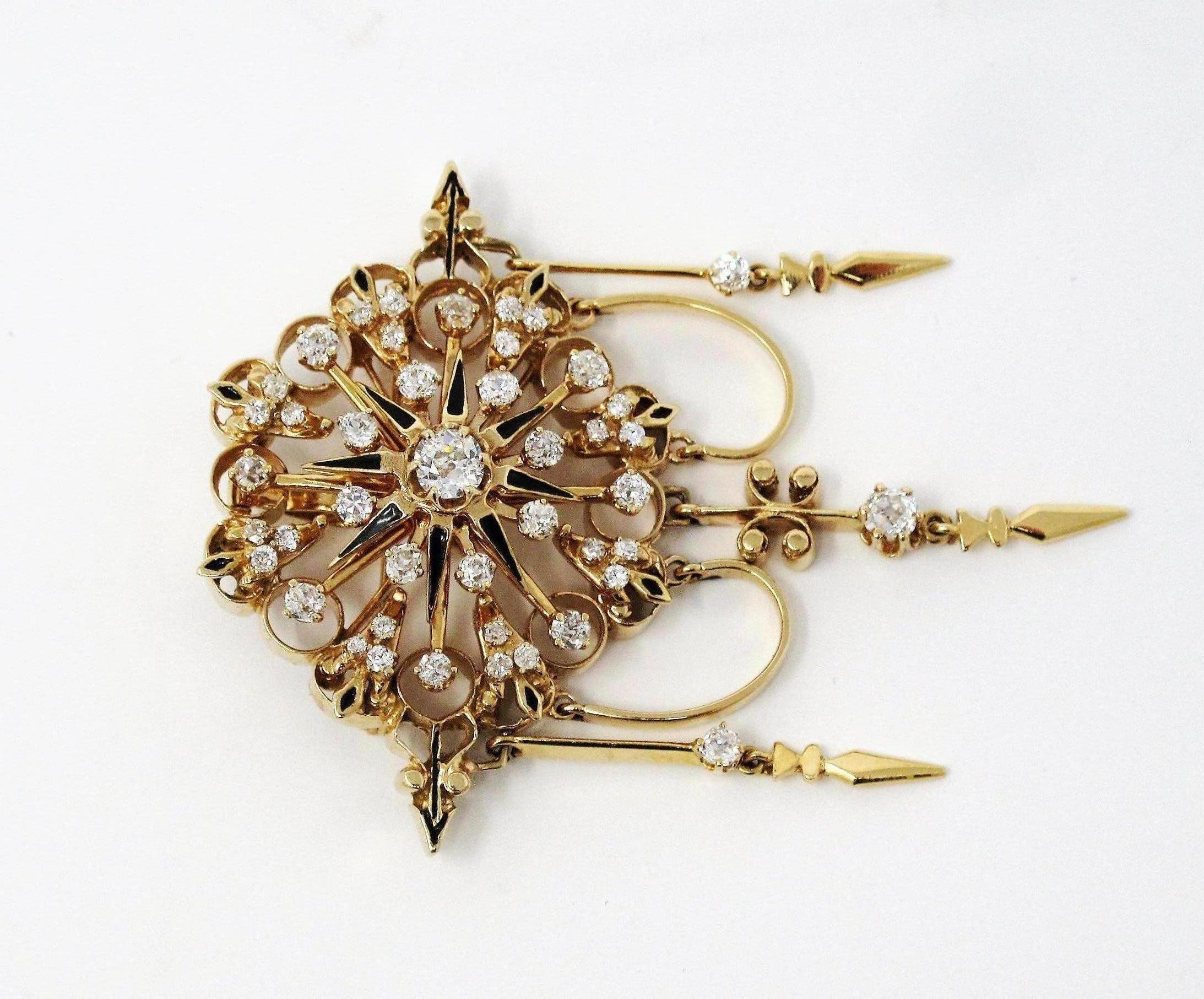 Antique Old Mine Cut Diamond Chandelier Pendant or Brooch 14 Karat Yellow Gold 5