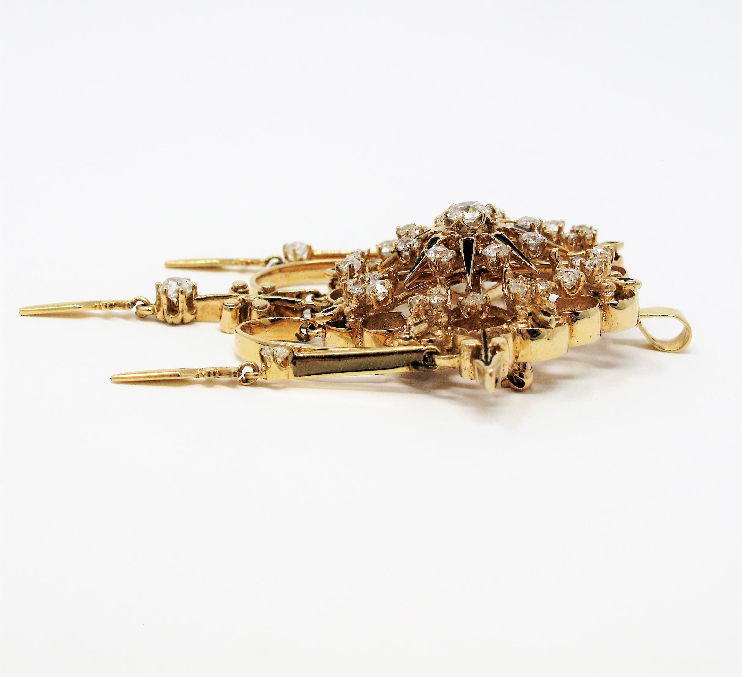 Women's Antique Old Mine Cut Diamond Chandelier Pendant or Brooch 14 Karat Yellow Gold