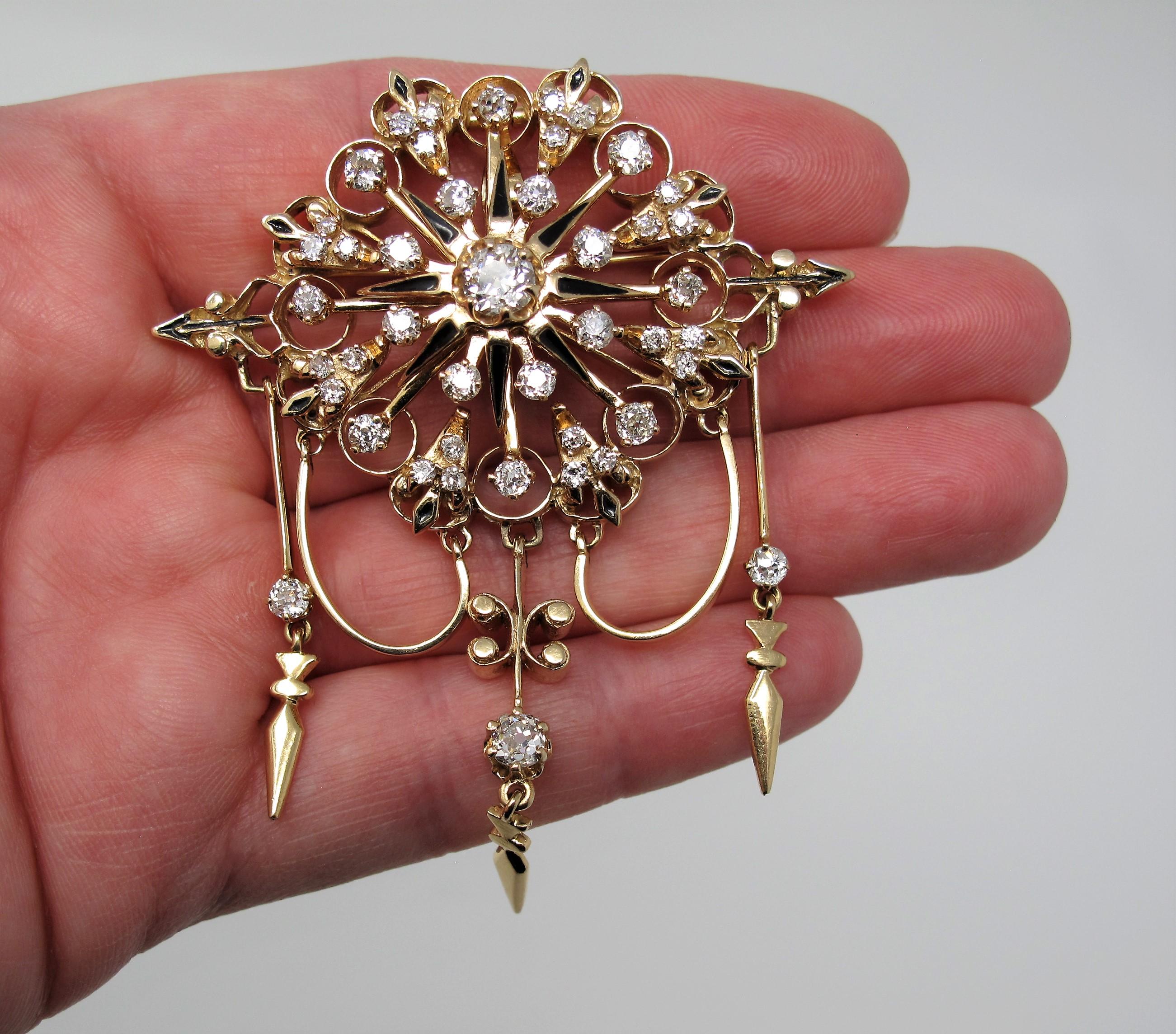 Antique Old Mine Cut Diamond Chandelier Pendant or Brooch 14 Karat Yellow Gold 4