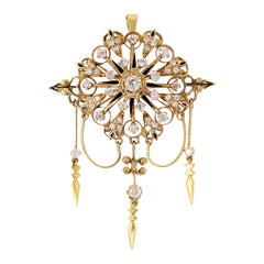Antique Old Mine Cut Diamond Chandelier Pendant or Brooch 14 Karat Yellow Gold