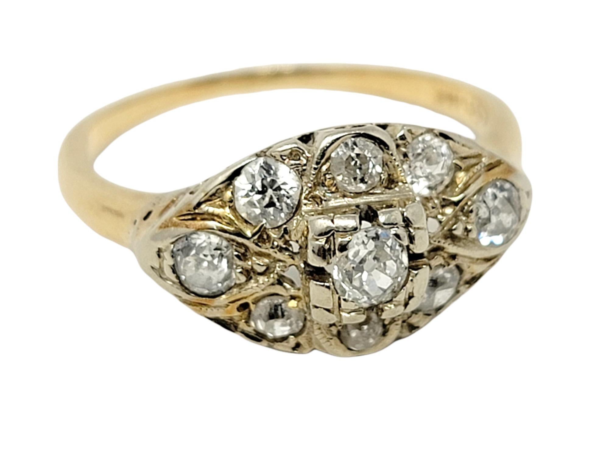 Ring size: 7

Beautiful sparkling Old Mine diamond ring with a delicate yellow gold band. The natural antique stones are set in a horizontal marquis shaped cluster and shimmer beautifully in the light. 

Ring size: 7
Ring type: Band
Metal: 14K