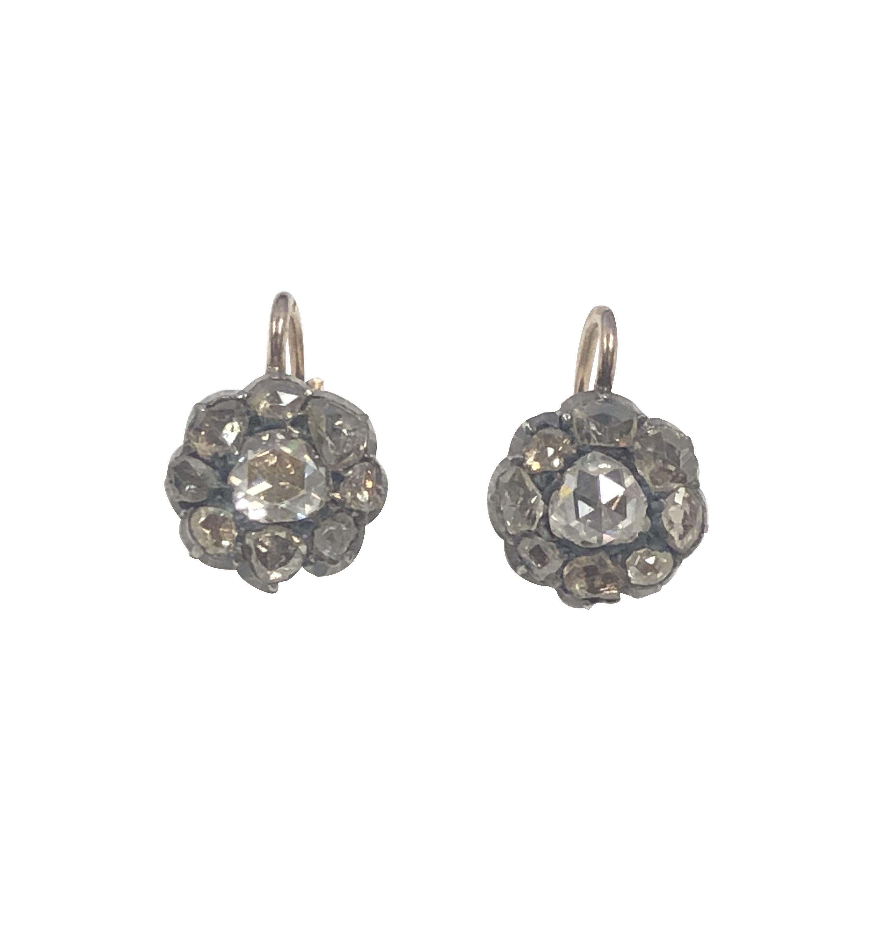 Russian Empire Antique Old Mine cut Diamond Cluster Earrings For Sale