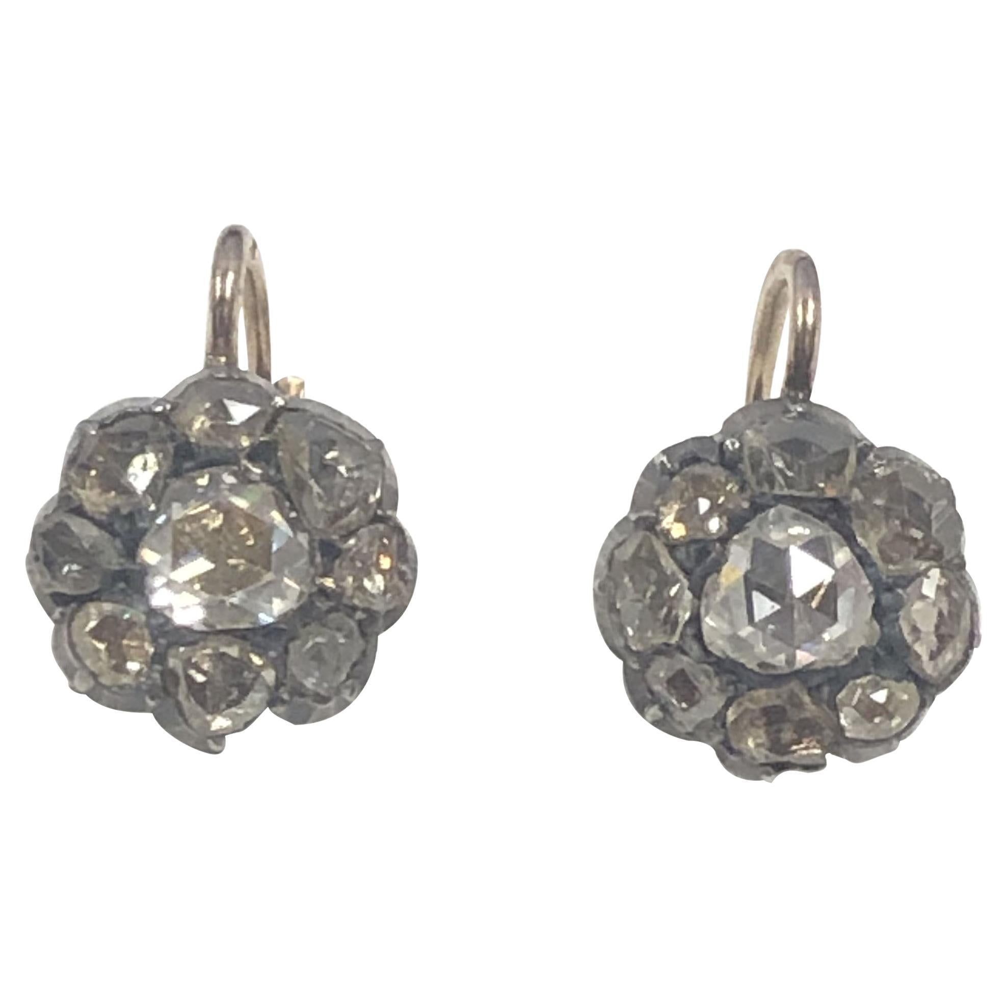 Antique Old Mine cut Diamond Cluster Earrings