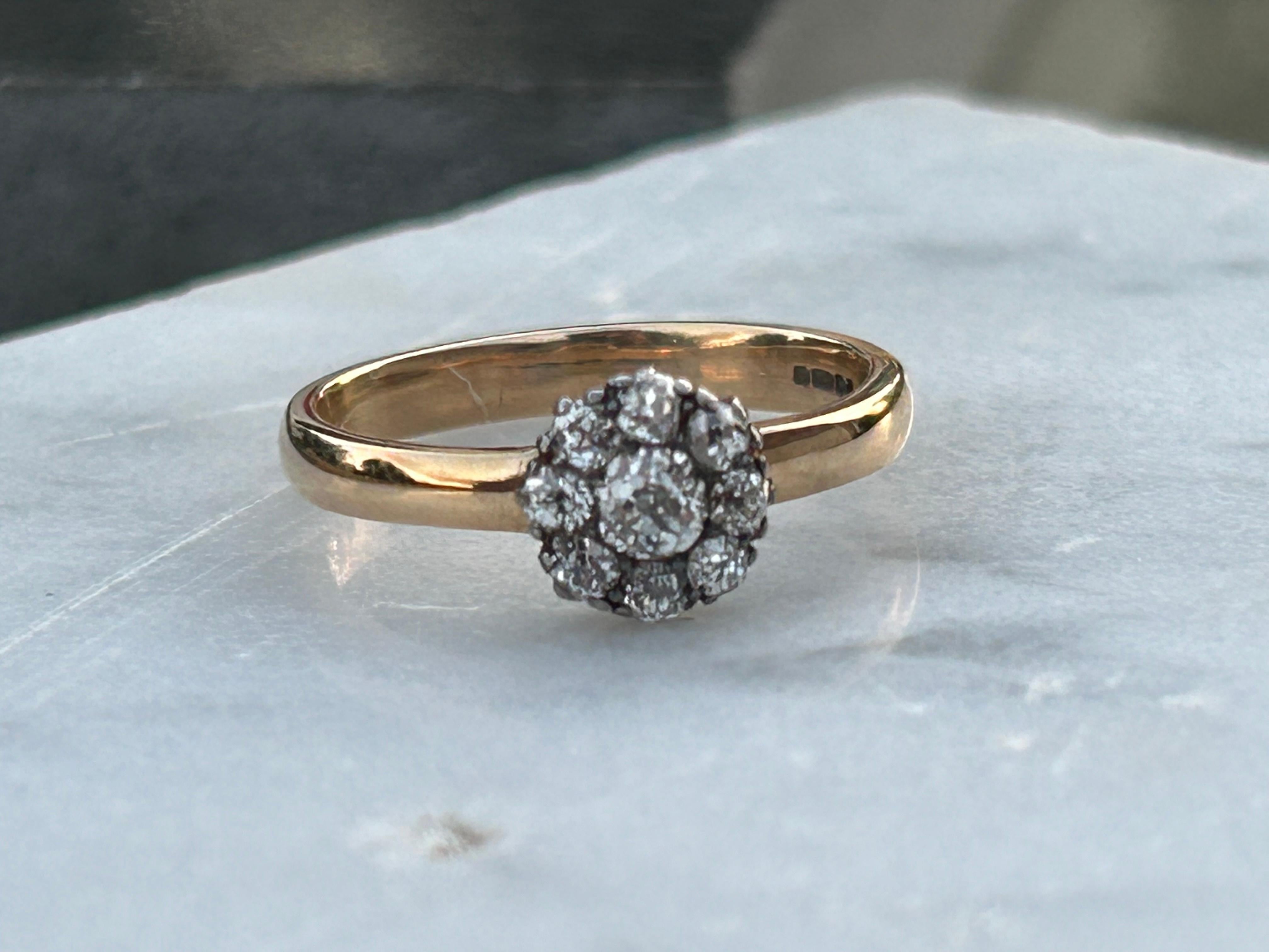 Edwardian Antique Old Mine Cut Diamond Cluster Ring. Approx .65 Total Diamond Weight For Sale