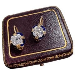 Antike Dormeuse-Ohrringe mit blauer Emaille und Diamant im alten Minenschliff