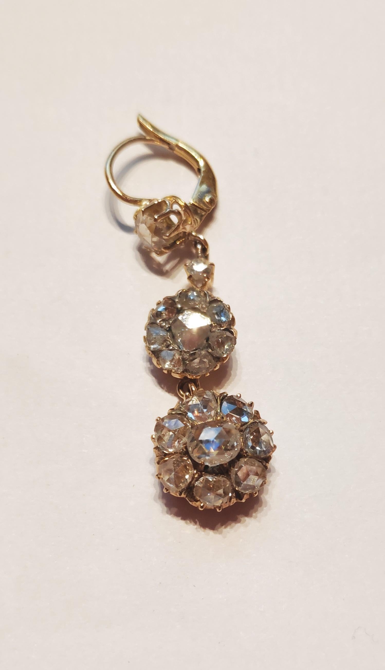 Art Nouveau Antique Old Mine Cut Diamond Drop Earrings 18 Karat Gold