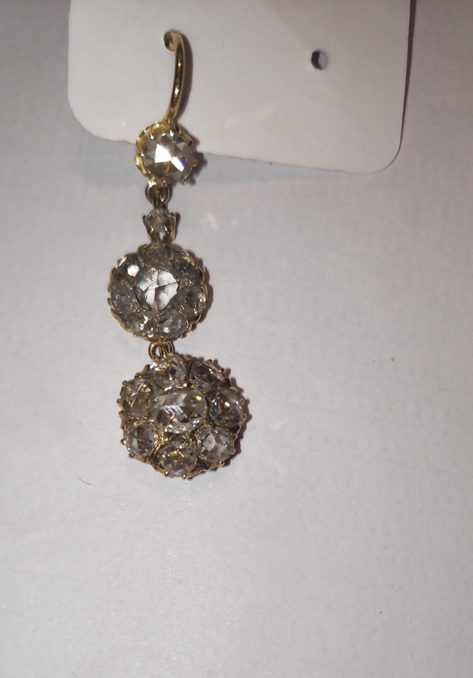 Antique Old Mine Cut Diamond Drop Earrings 18 Karat Gold In Good Condition In Palermo, IT