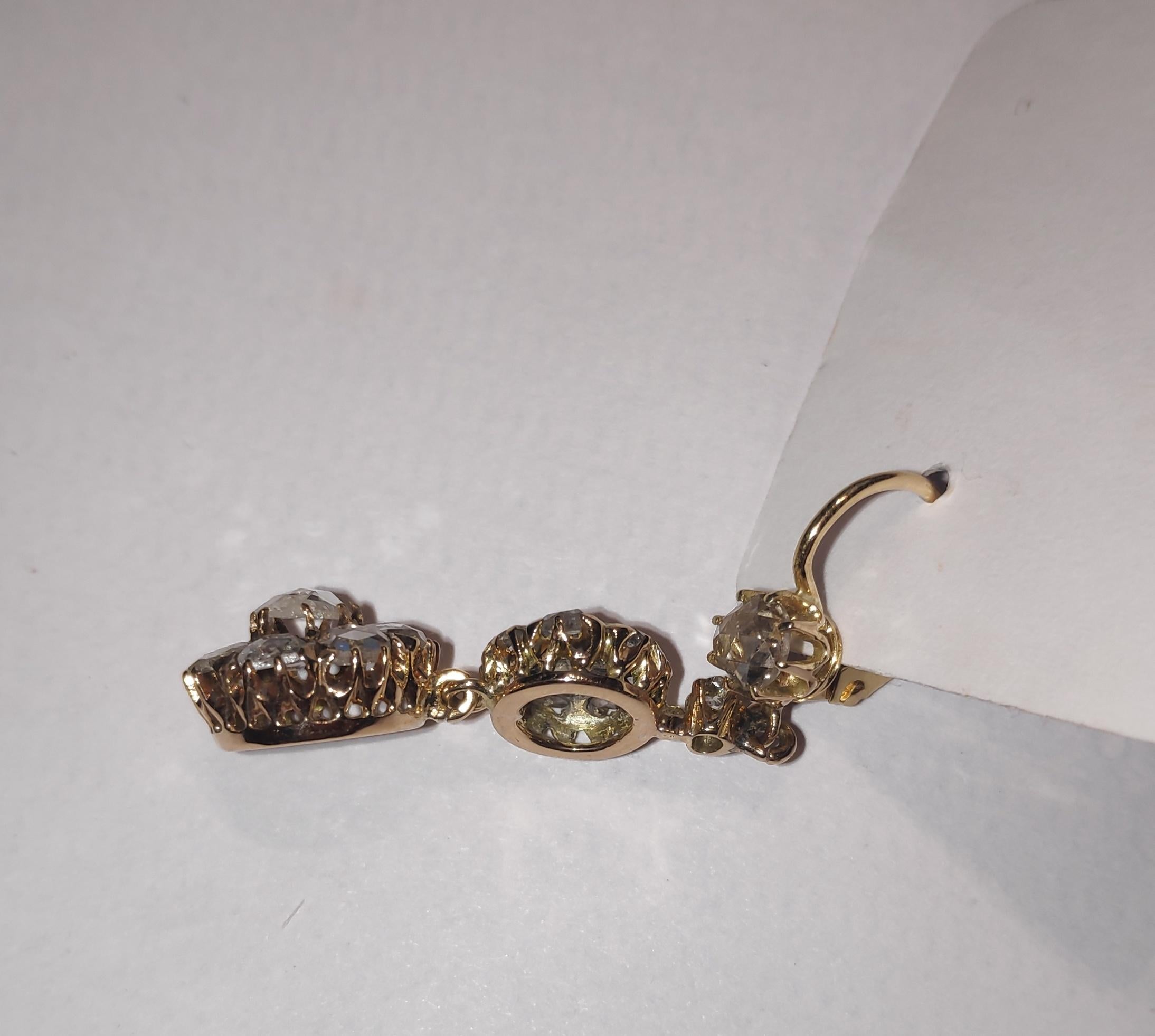 Women's Antique Old Mine Cut Diamond Drop Earrings 18 Karat Gold