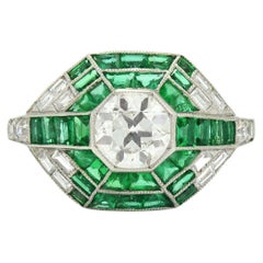 Antique Old Mine Cut Diamond Emerald Engagement Ring Art Deco Style Handmade