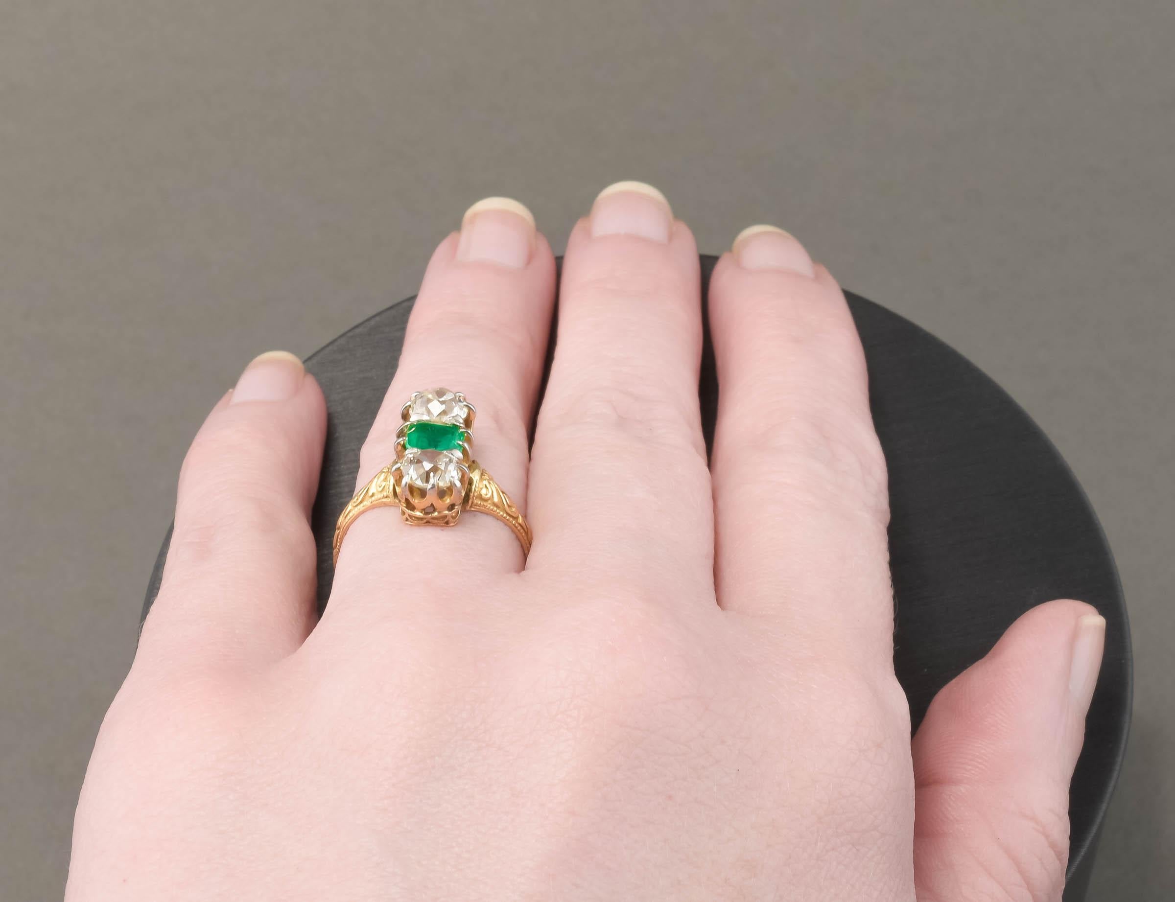 Antique Old Mine Cut Diamond & Emerald Ring in 18K Gold For Sale 7