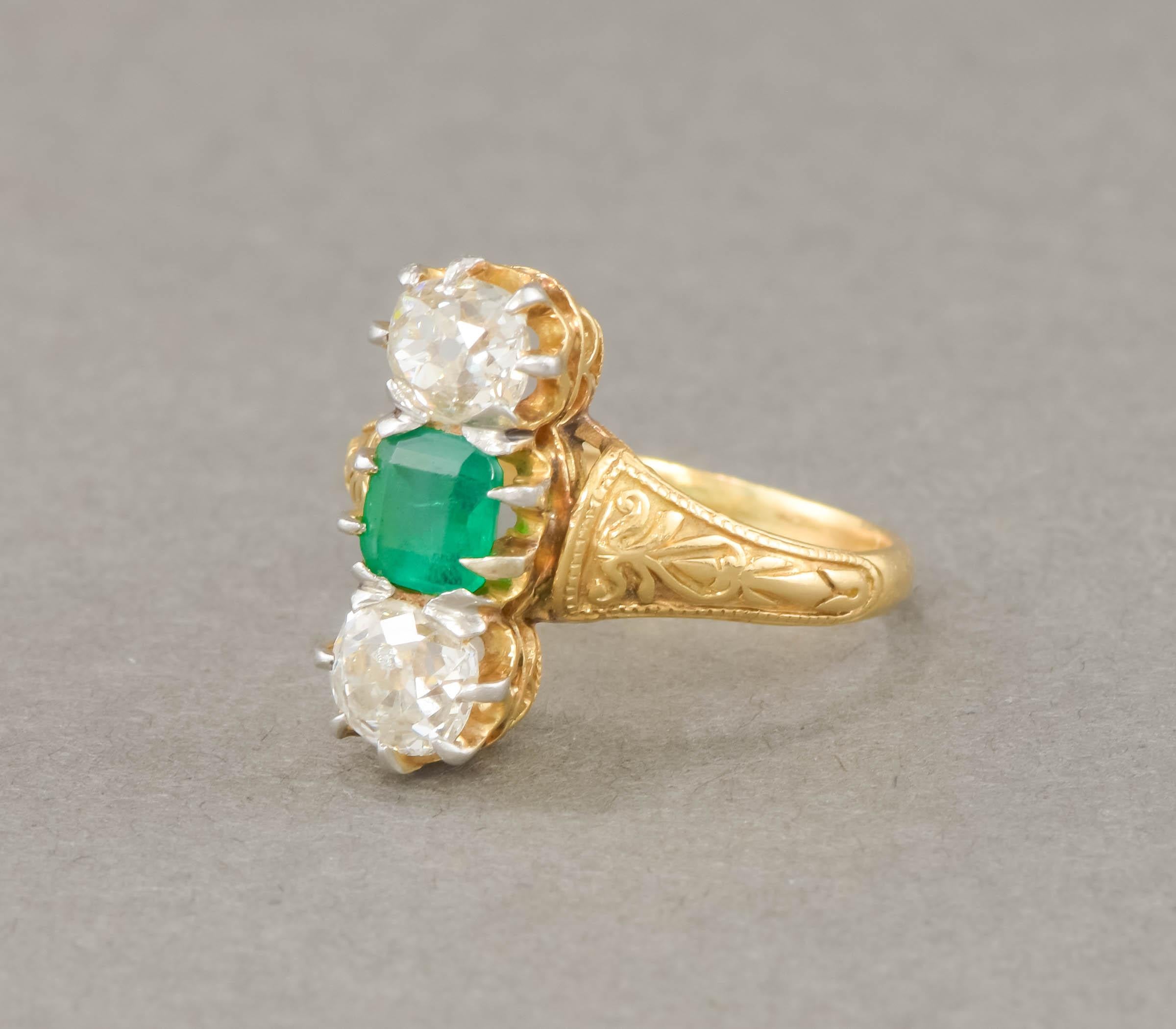 Victorian Antique Old Mine Cut Diamond & Emerald Ring in 18K Gold For Sale
