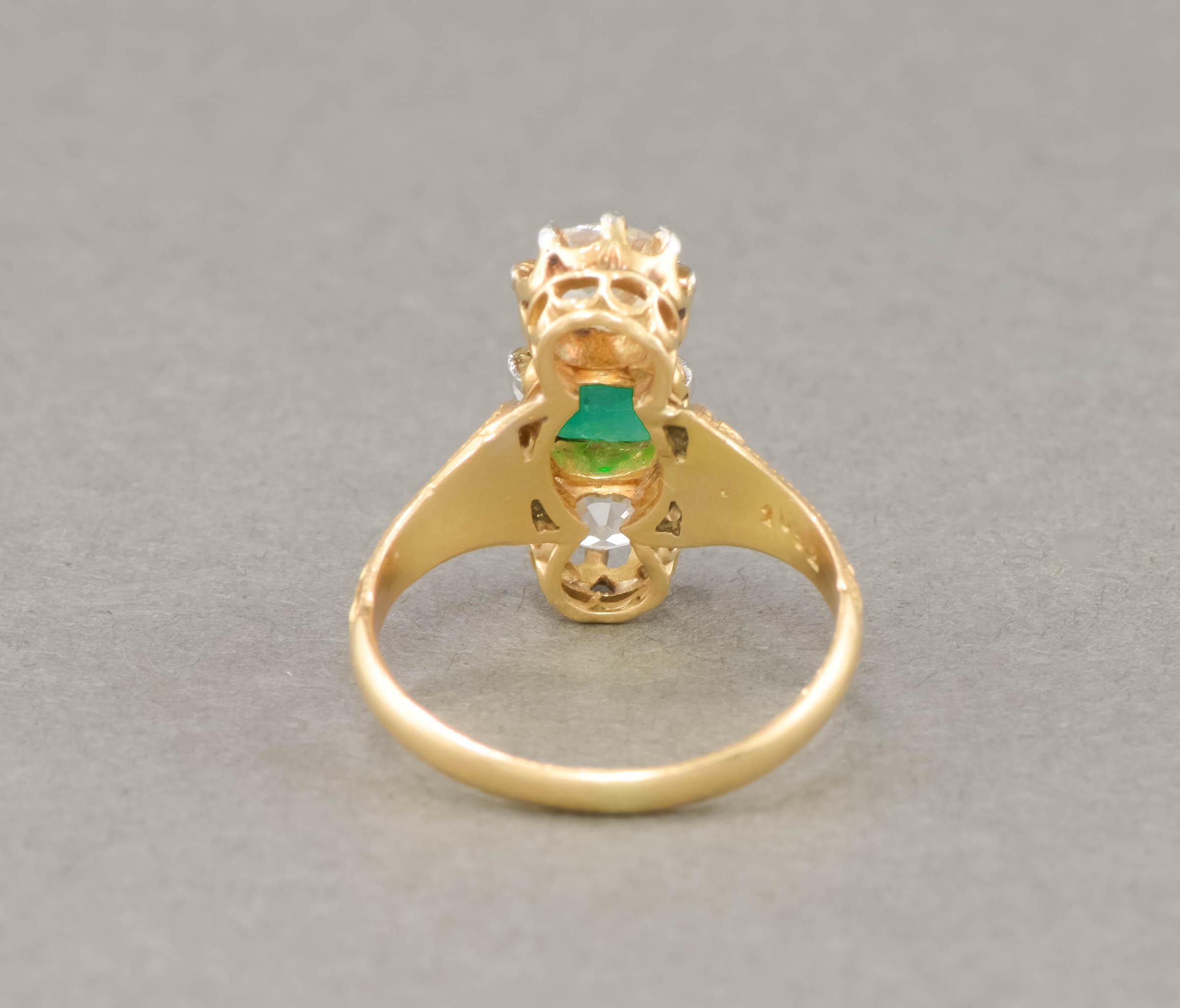 Women's Antique Old Mine Cut Diamond & Emerald Ring in 18K Gold For Sale