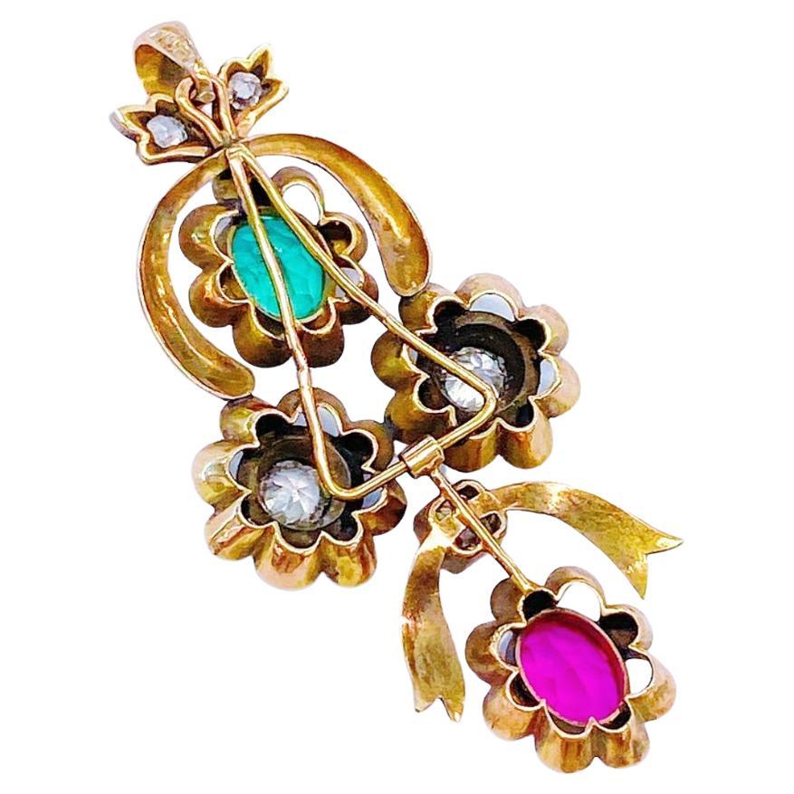 Antique Old Mine Cut Diamond Emerald Ruby Gold Pendant For Sale 1