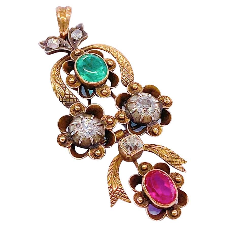 Antique Old Mine Cut Diamond Emerald Ruby Gold Pendant