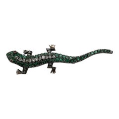 Antique Old Mine Cut Diamond Emerald Yellow Gold Silver Salamander Brooch Pin