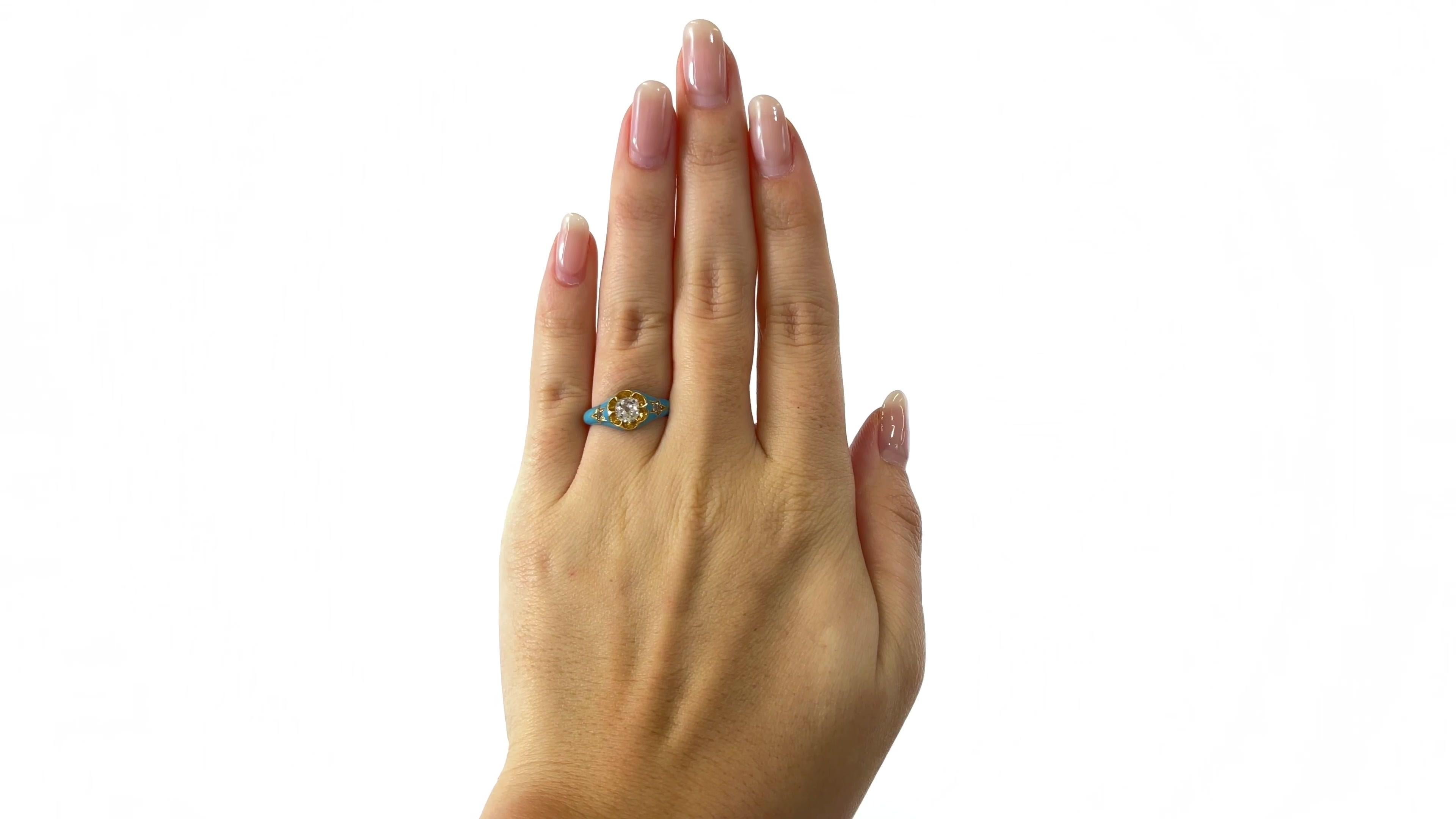 One Antique Old Mine Cut Diamond Enamel 18 Karat Gold Ring. Featuring one old mine cut diamond weighing approximately 0.55 carats, graded G color, SI2 clarity. Accented by two old mine cut diamonds. Crafted in 18 karat yellow gold. Circa 1870s. The