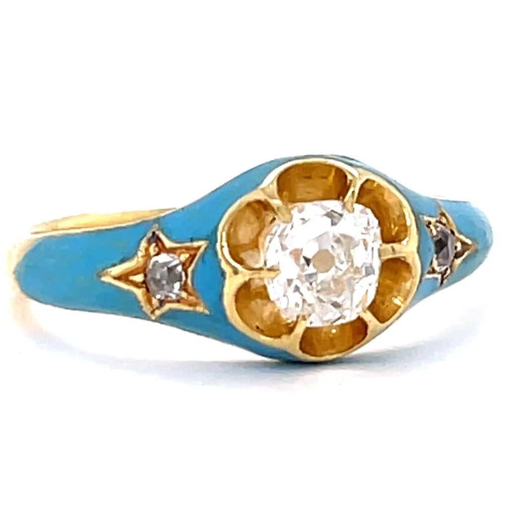 Antique Old Mine Cut Diamond Enamel 18 Karat Gold Ring In Excellent Condition In Beverly Hills, CA
