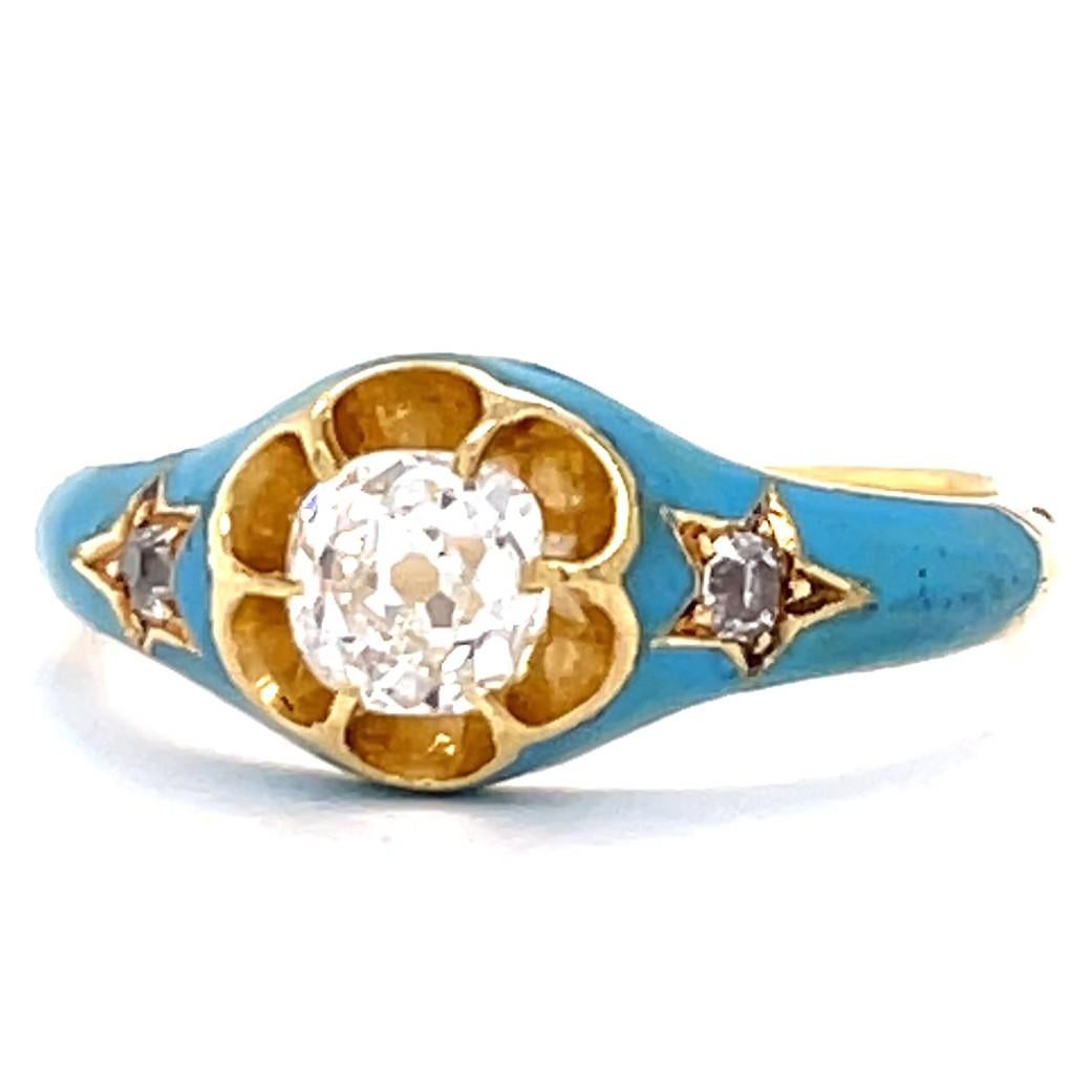 Women's or Men's Antique Old Mine Cut Diamond Enamel 18 Karat Gold Ring