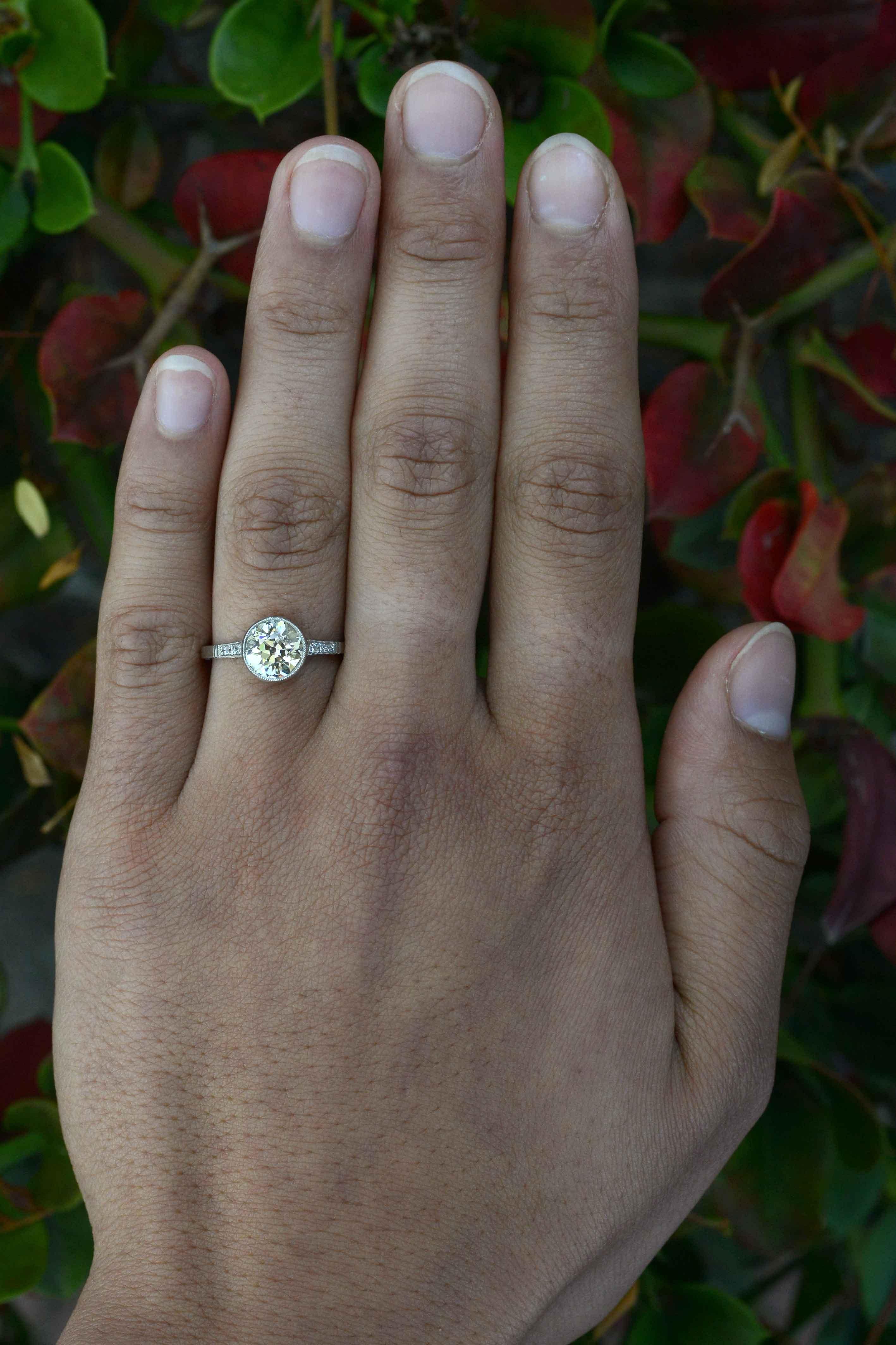 The Vermont Diamond Solitaire Engagement Ring. An eminently wearable antique old mine cut diamond engagement ring, the central solitaire, a big ol' chunky gem (1.84 cts) with those large facets that emit such a juicy sparkle-even under candlelight.
