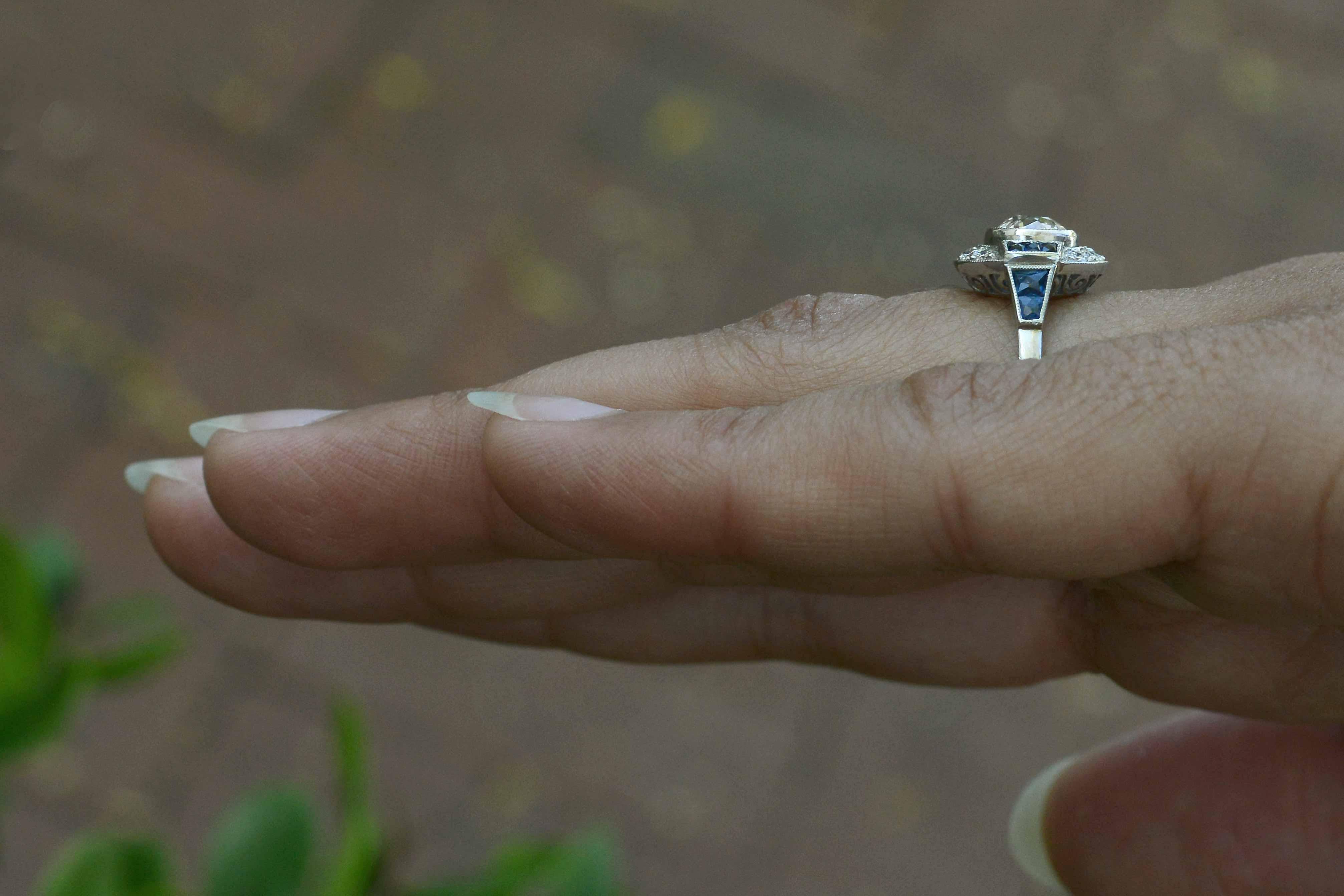 woman's art deco victorian diamond ring blue sapphire & round diamond ring