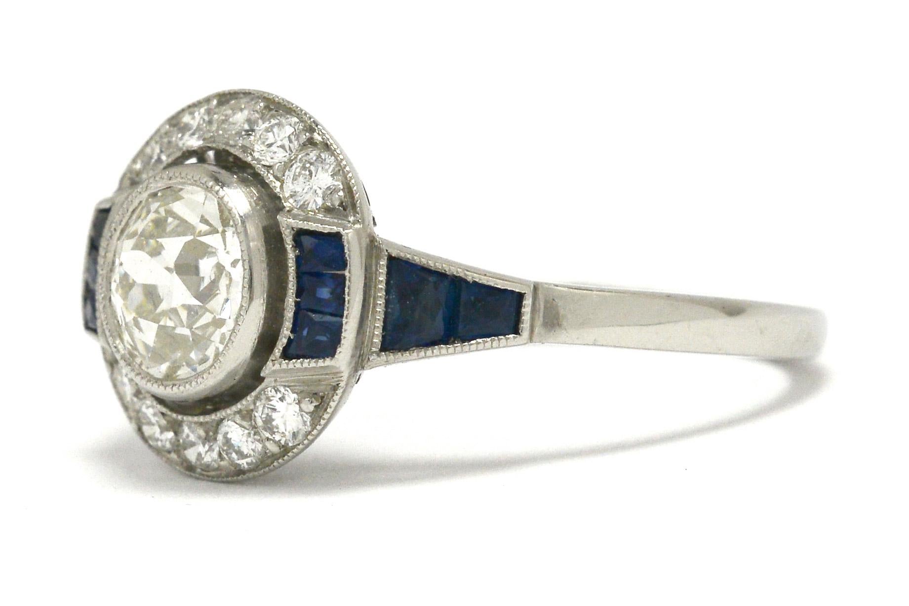 Old Mine Cut Diamond Engagement Ring Blue Sapphire Art Deco Style Platinum In Good Condition In Santa Barbara, CA