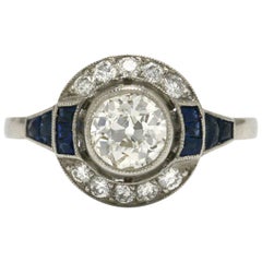 Old Mine Cut Diamond Engagement Ring Blue Sapphire Art Deco Style Platinum