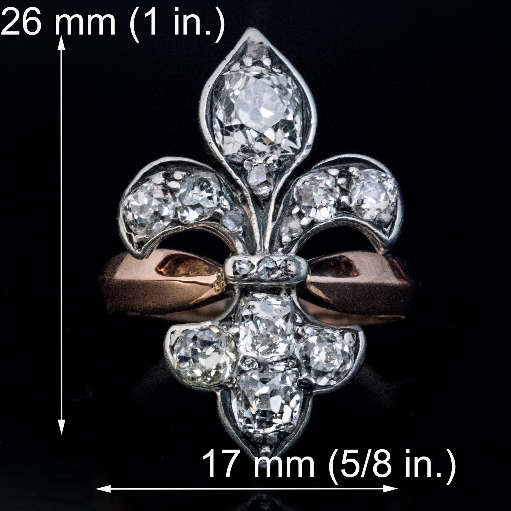 Antique Old Mine Cut Diamond Fleur de Lis Ring In Excellent Condition In Chicago, IL