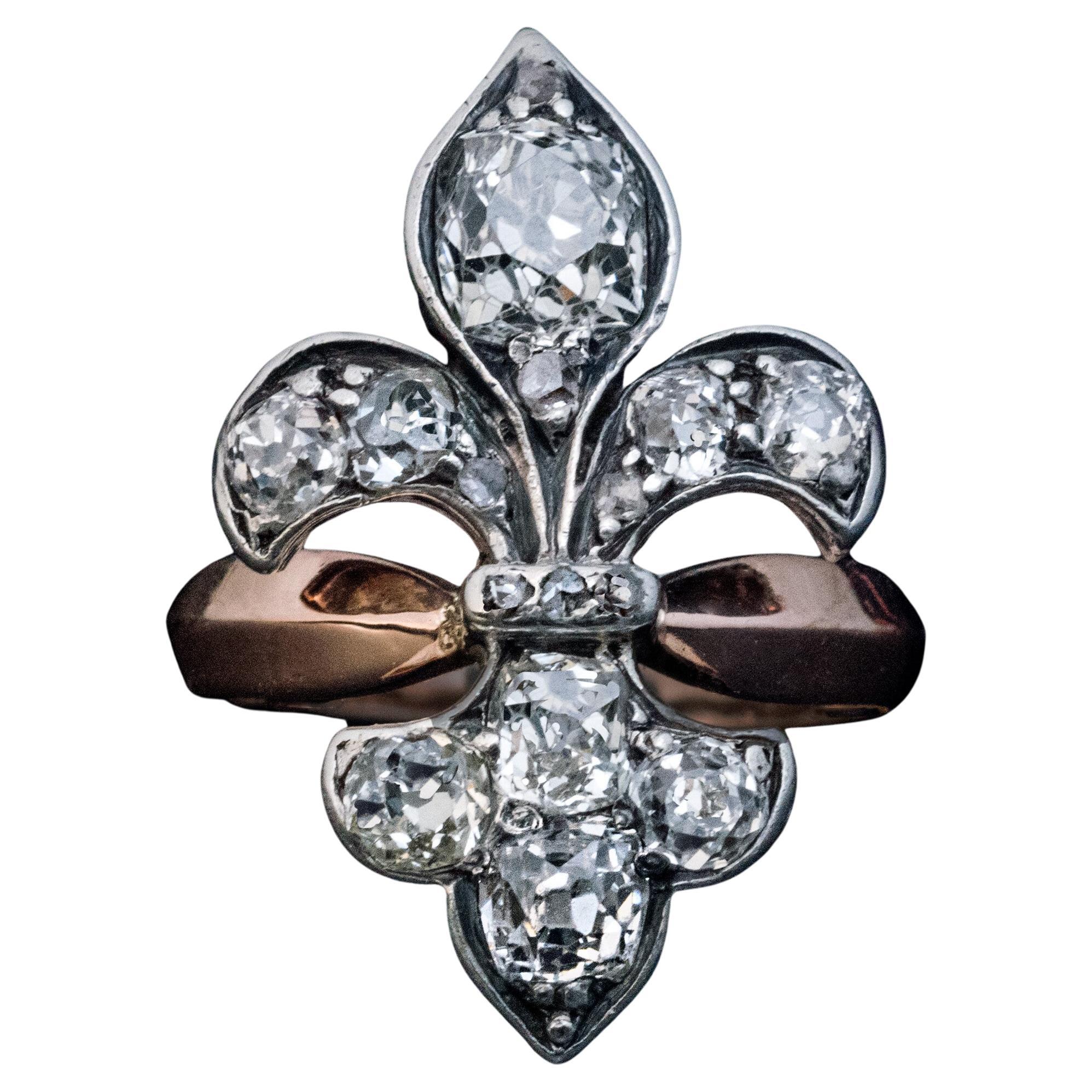 Antique Old Mine Cut Diamond Fleur de Lis Ring