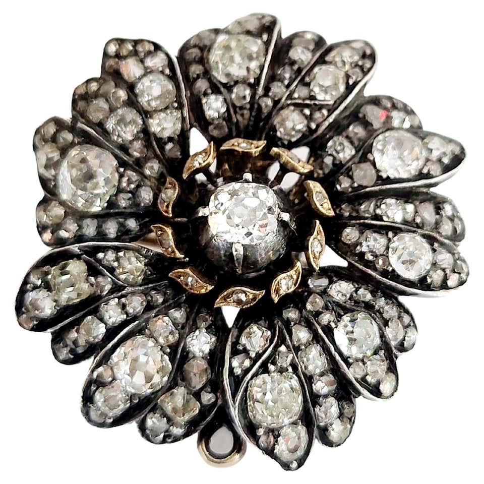 Antique Silver And Gold Old Cut Diamond Flower Large Brooch 1870ca For ...