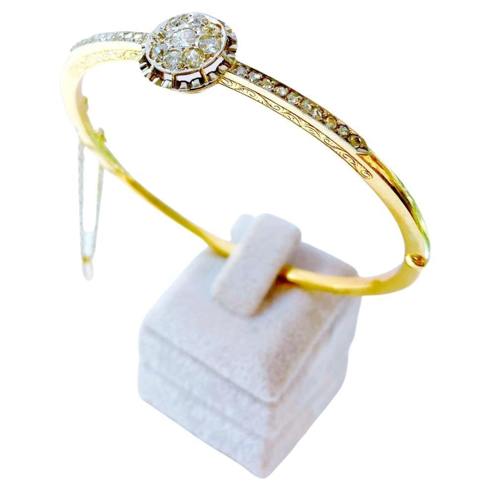 Antiguo 14k brazalete brazalete rematado con platino blanco y diamantes tallados mina antigua con el peso estimado de 1,5 quilates en el trabajo detallado grabado en braclete tamaño de braclete 6,5 cm de ancho braclete se hizo europa 1900/1910.c