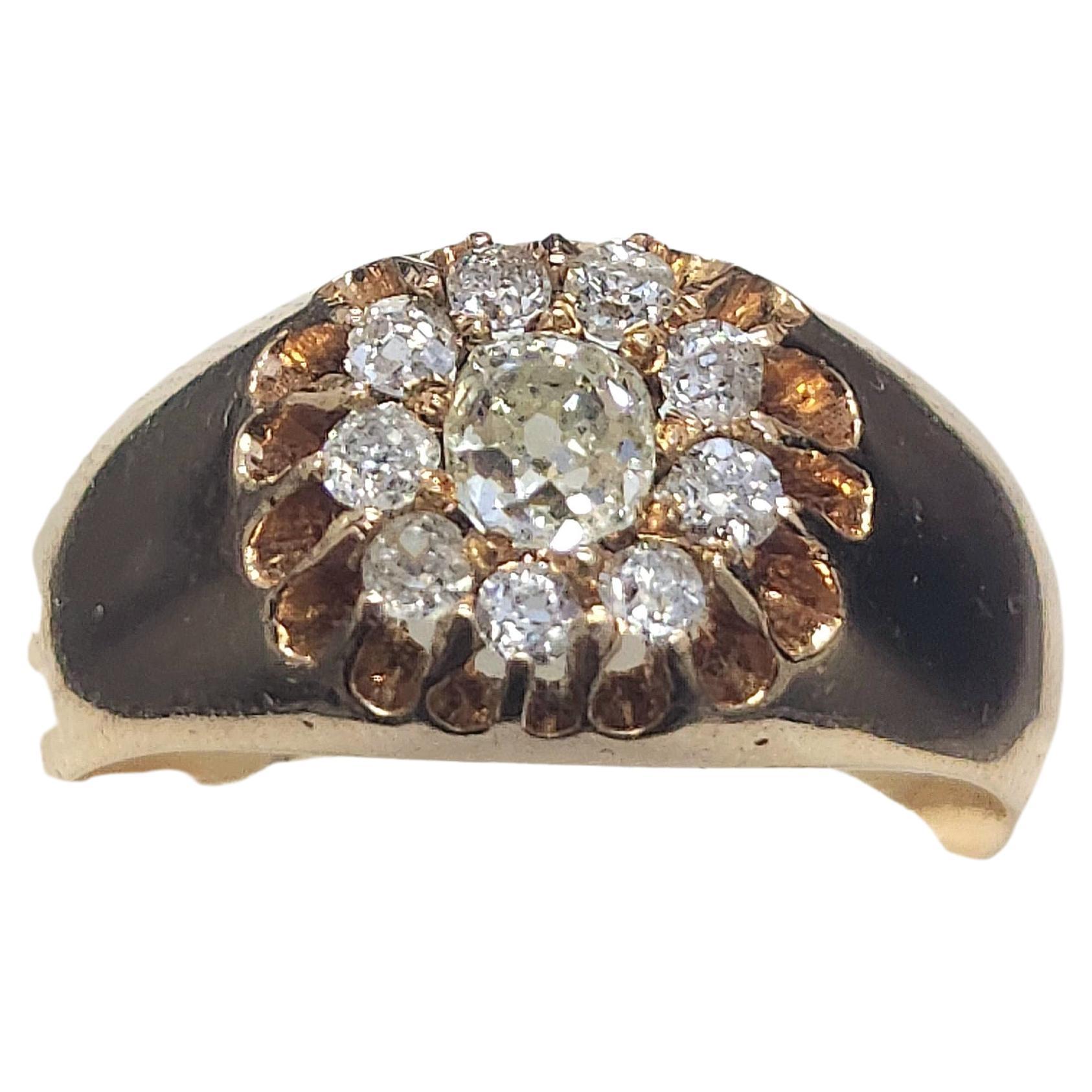Antique 14k gold heavy gold weight ring centered with 1 old mine cut diamond diameter of 4.30mm estimate weight of 0.50 carat flanked with smaller old mine cut diamonds estimate weight 0.90 carats ring was made during early soviet union era 1930.c