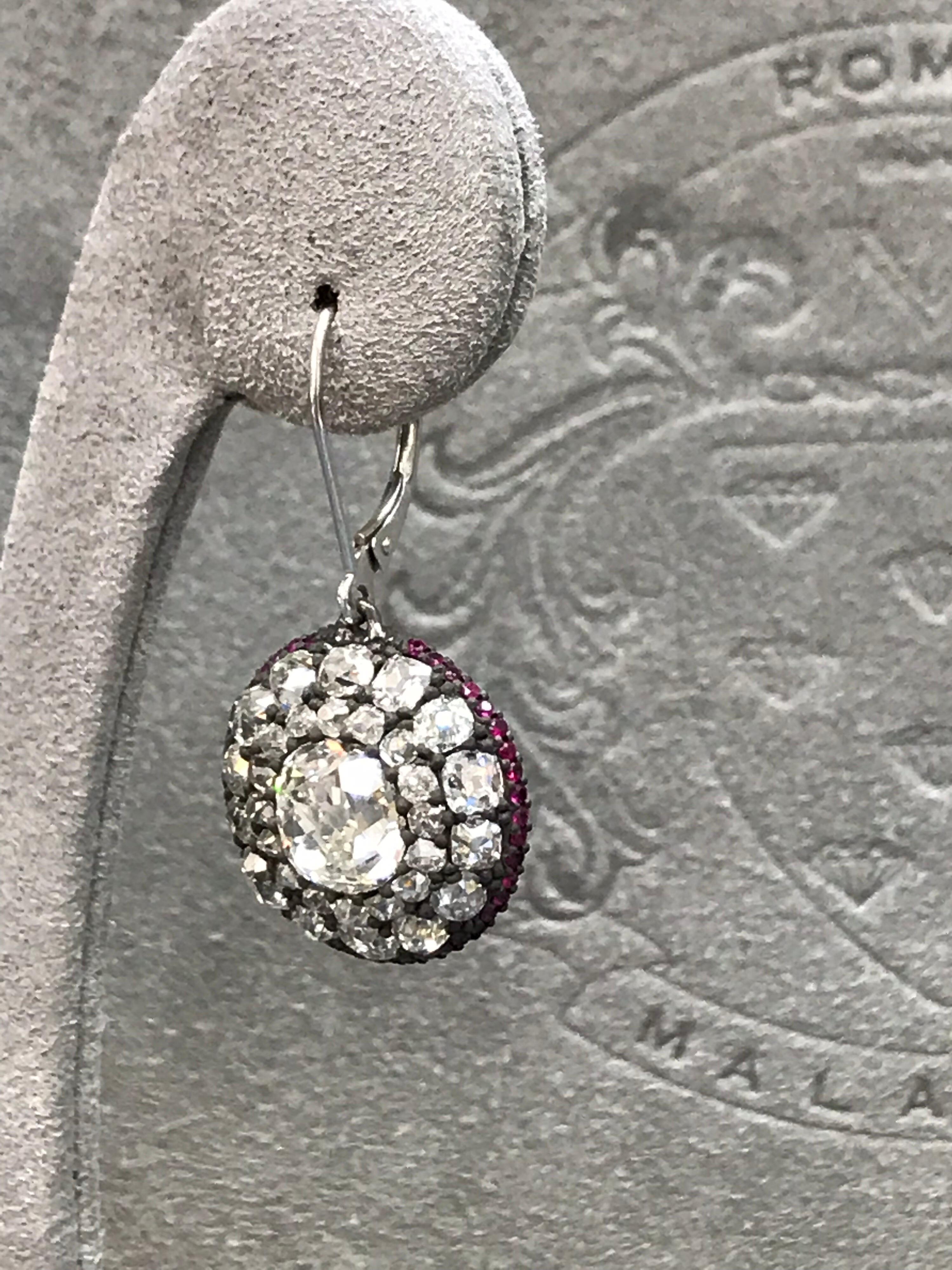 Roman Malakov Antique 9.54 Carat Old Mine Cut Diamond & Ruby Dangle Earrings For Sale 3