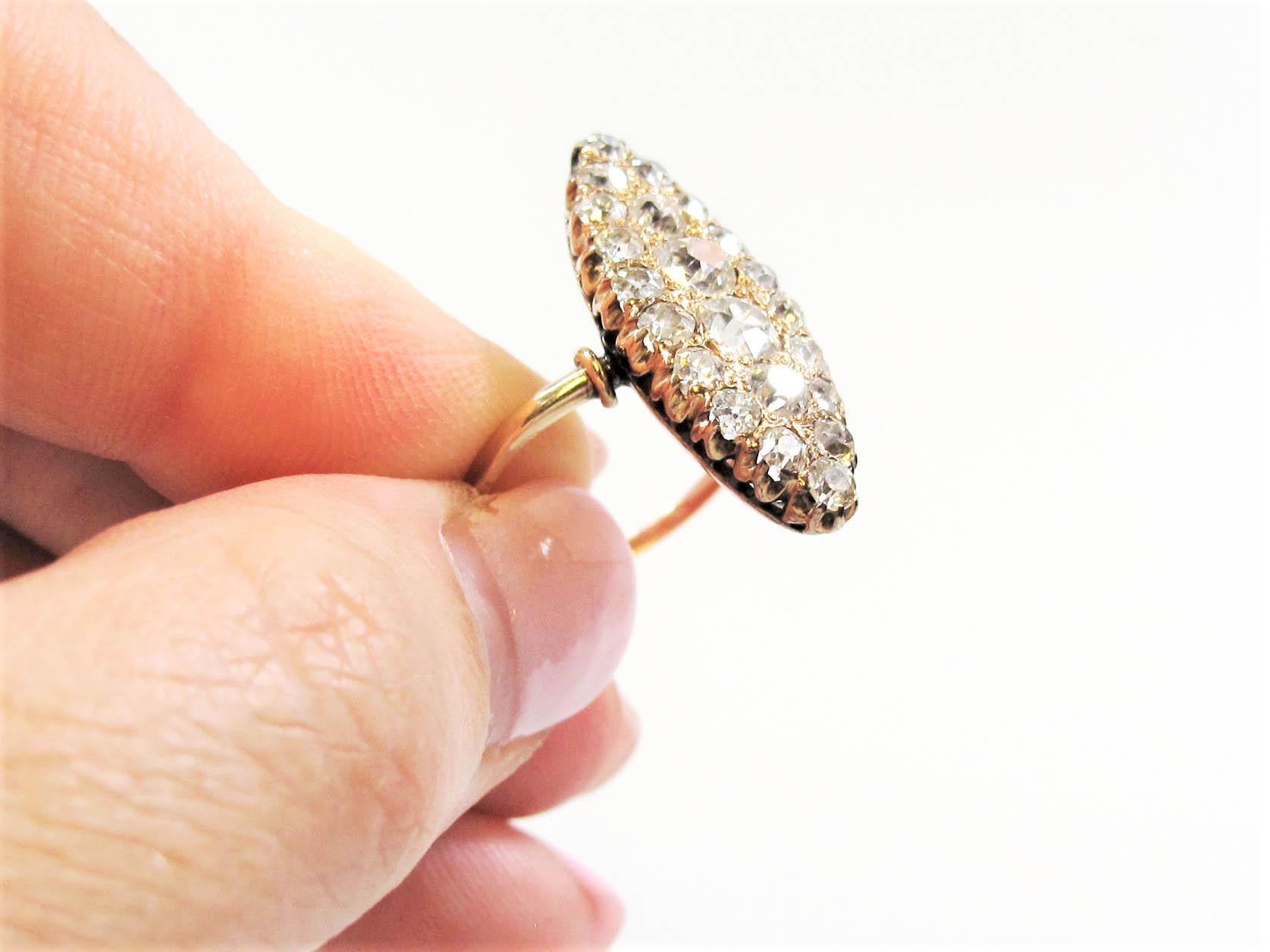 Antique Old Mine Cut Diamond Navette Ring 14 Karat Rose Gold 1.65 Carats Total For Sale 6