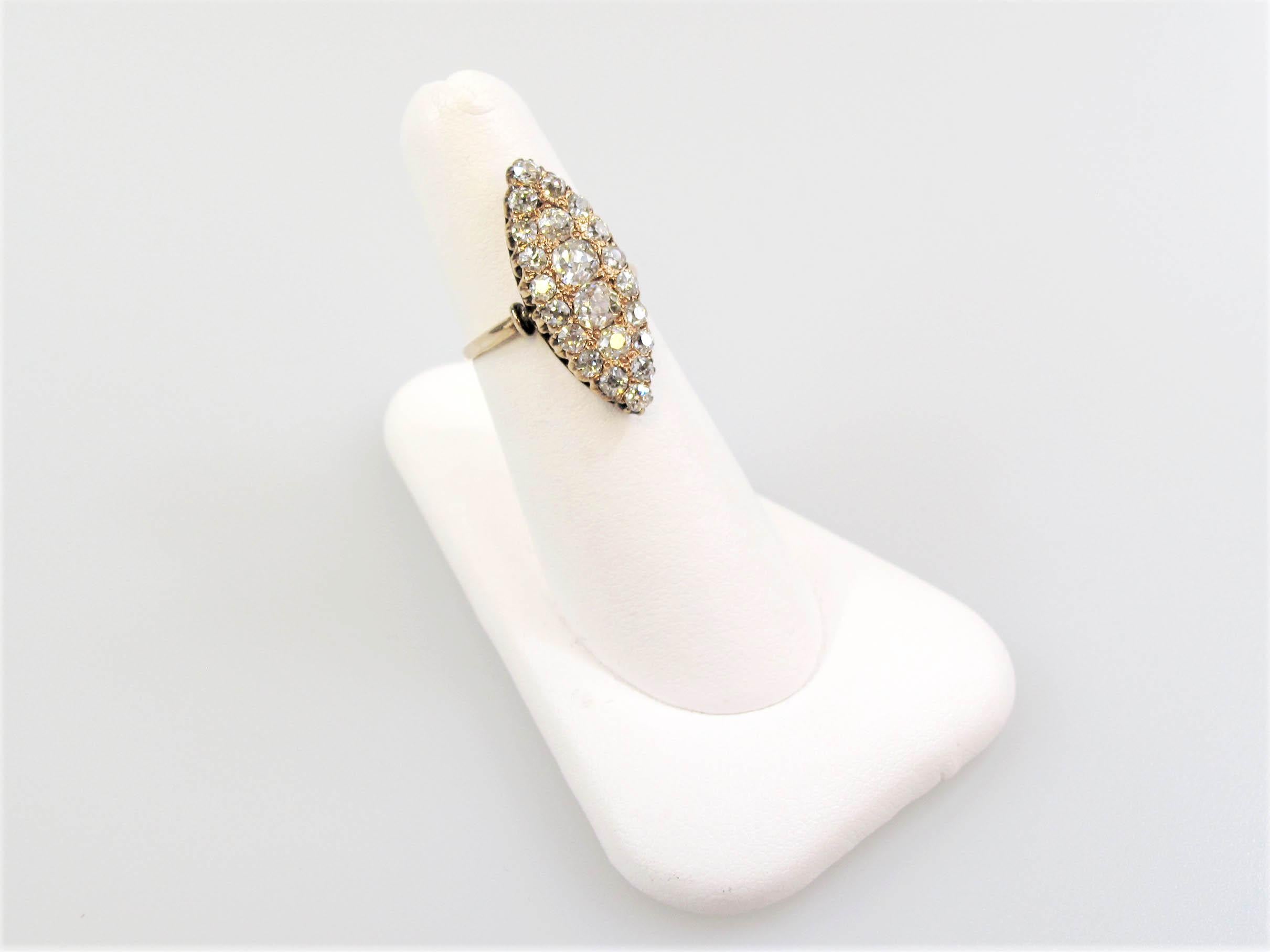 Women's Antique Old Mine Cut Diamond Navette Ring 14 Karat Rose Gold 1.65 Carats Total For Sale
