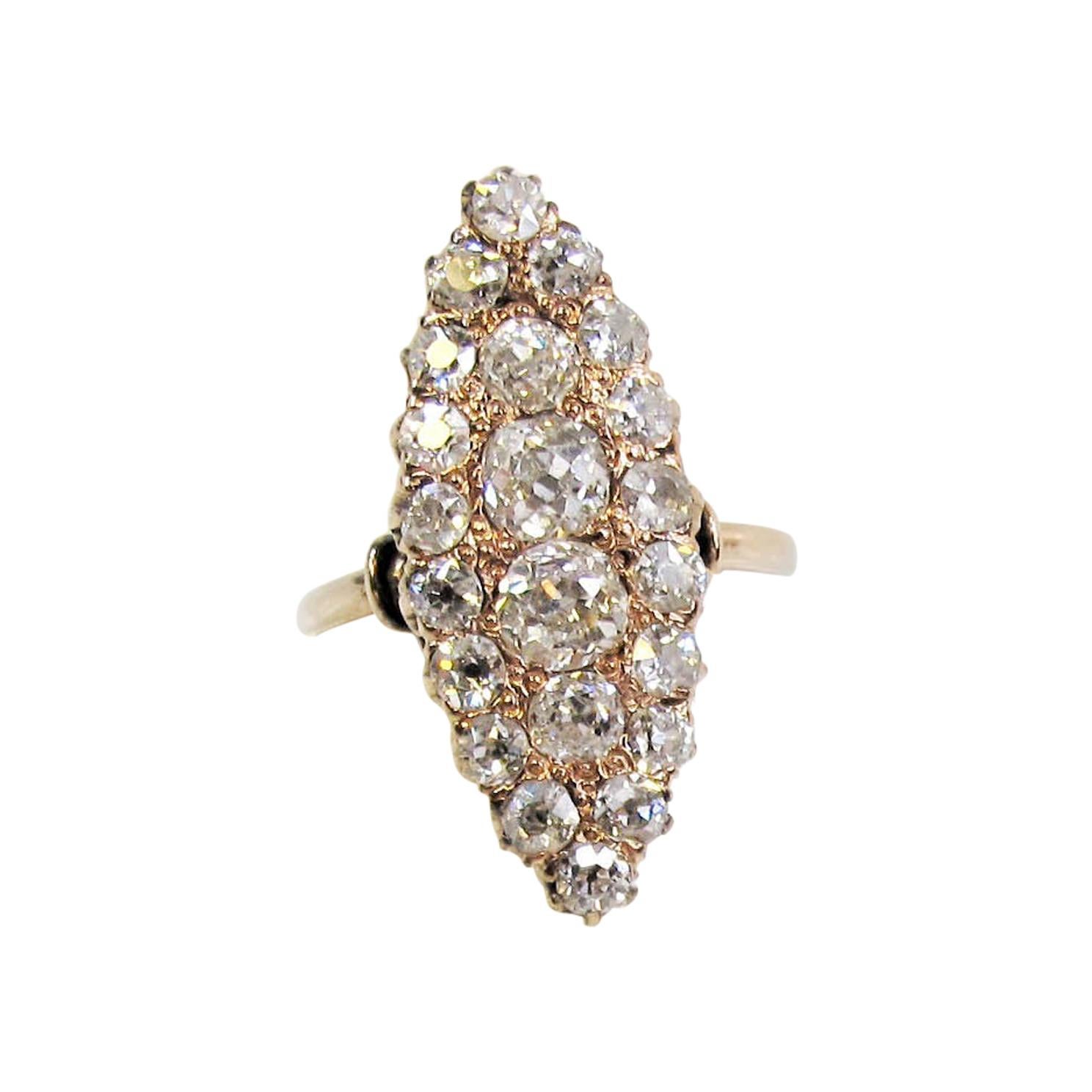 Antique Old Mine Cut Diamond Navette Ring 14 Karat Rose Gold 1.65 Carats Total For Sale