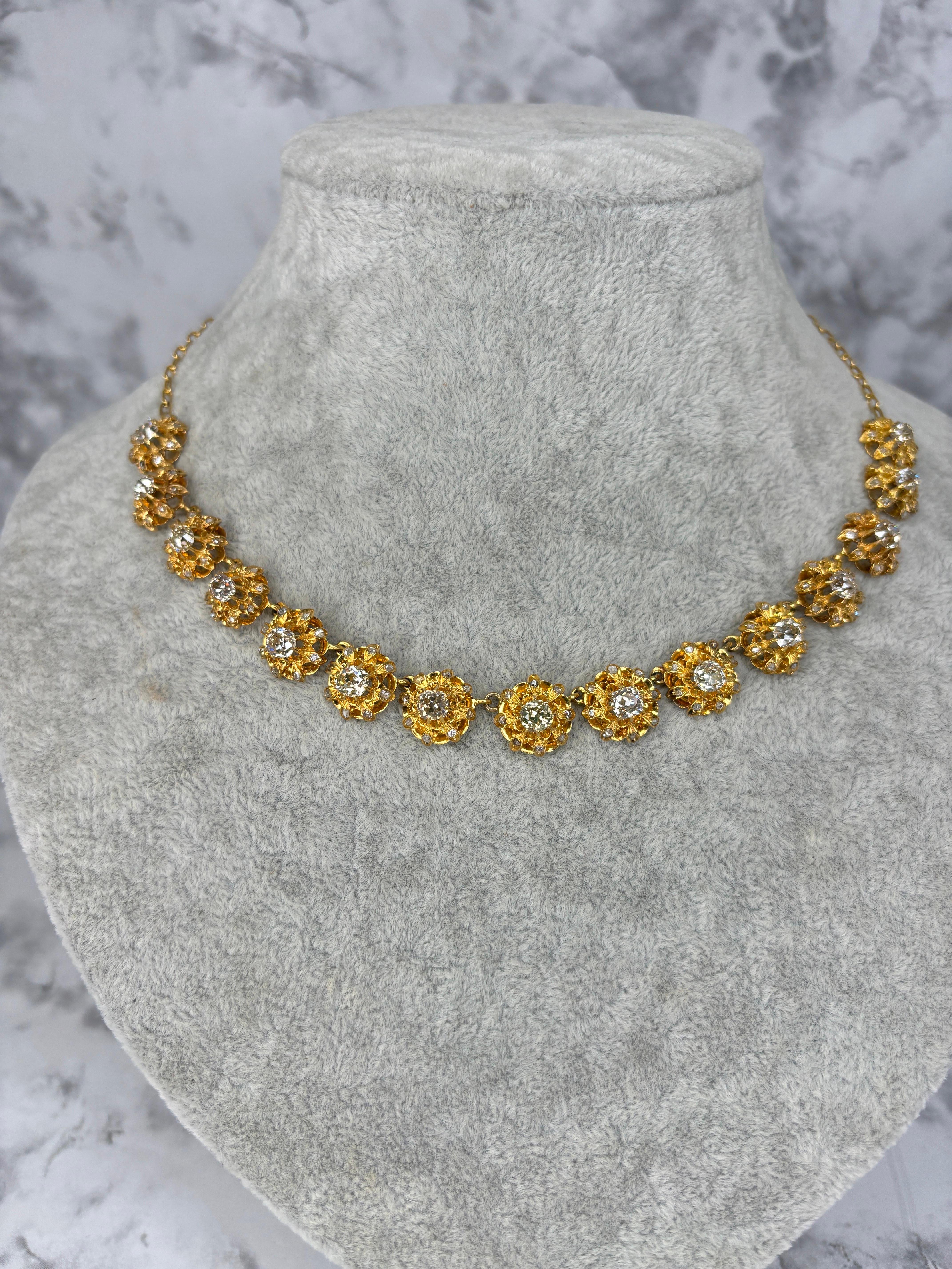 Antike Halskette aus 14k und 18 Karat Gelbgold mit Diamanten im alten Minenschliff im Angebot 5