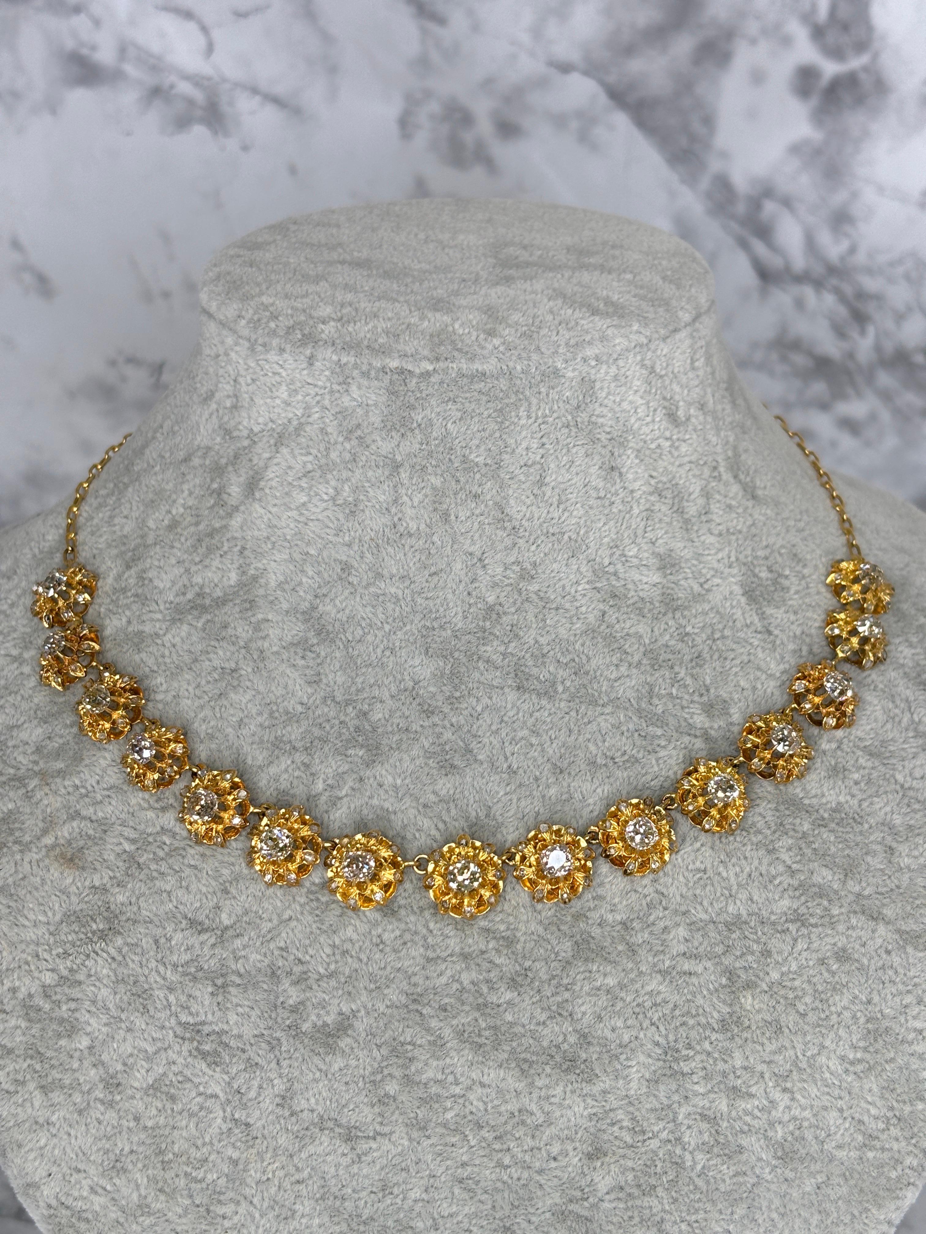 Antike Halskette aus 14k und 18 Karat Gelbgold mit Diamanten im alten Minenschliff im Angebot 7
