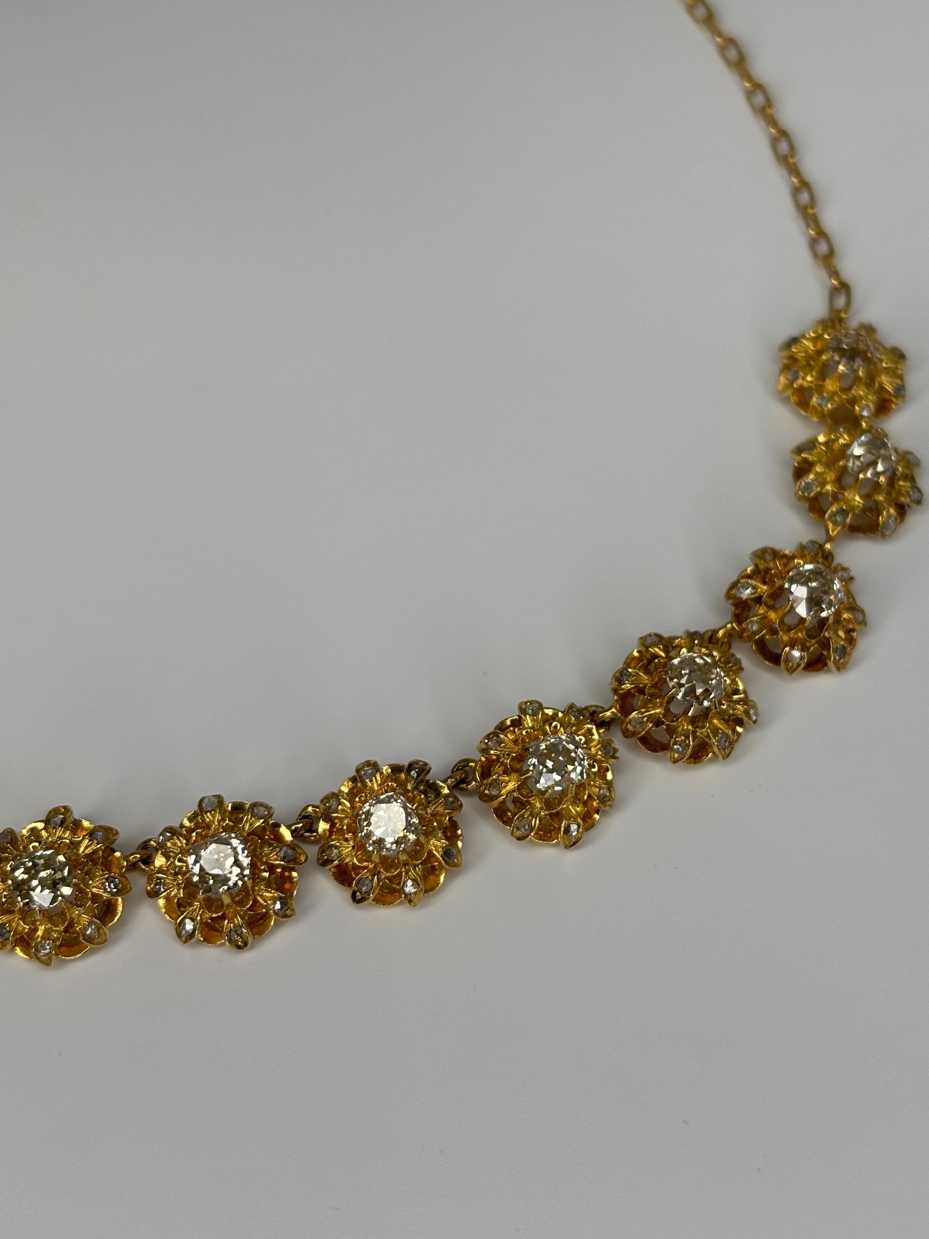 Antike Halskette aus 14k und 18 Karat Gelbgold mit Diamanten im alten Minenschliff im Angebot 11