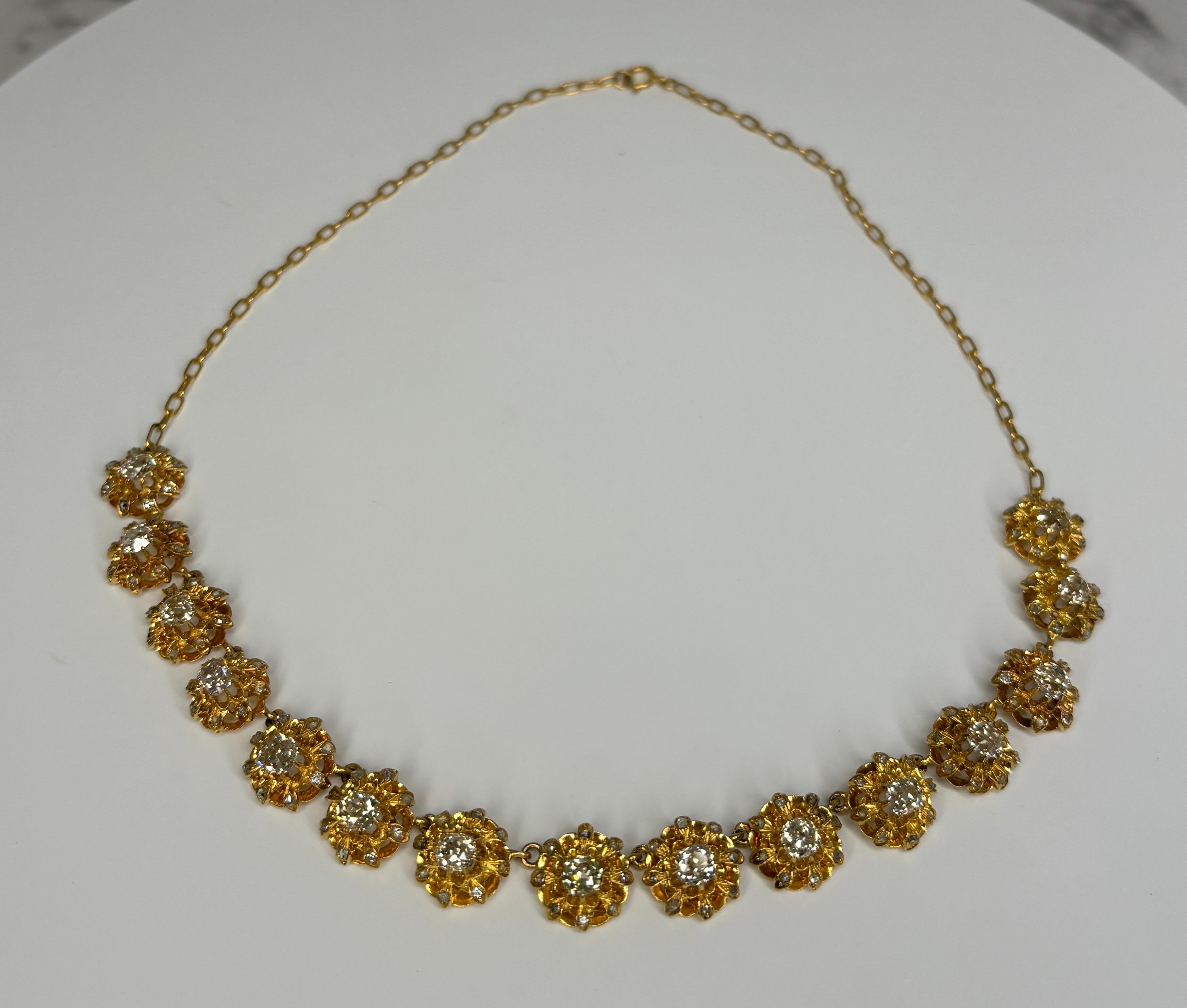 Antike Halskette aus 14k und 18 Karat Gelbgold mit Diamanten im alten Minenschliff im Angebot 14