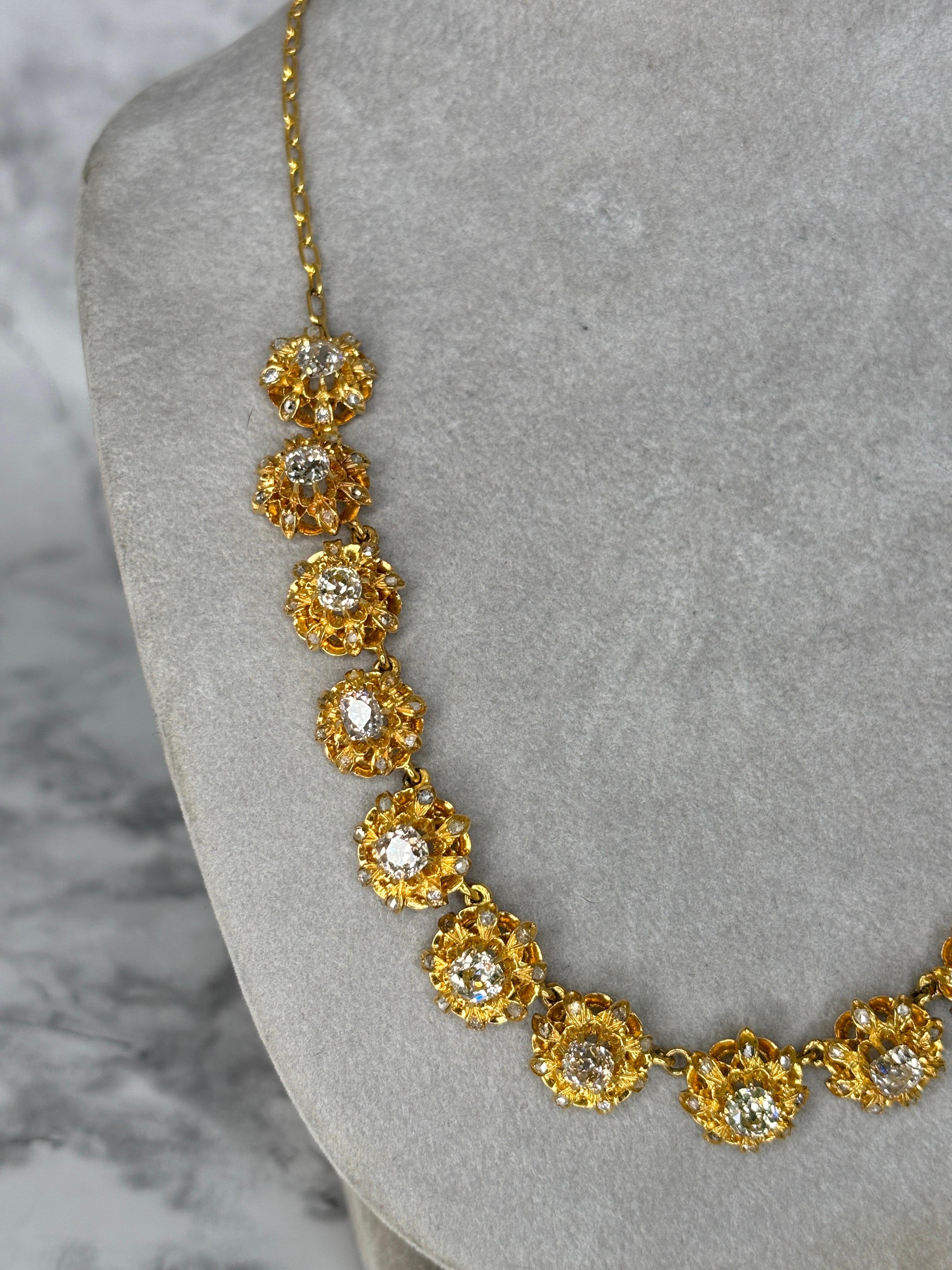 Antike Halskette aus 14k und 18 Karat Gelbgold mit Diamanten im alten Minenschliff für Damen oder Herren im Angebot
