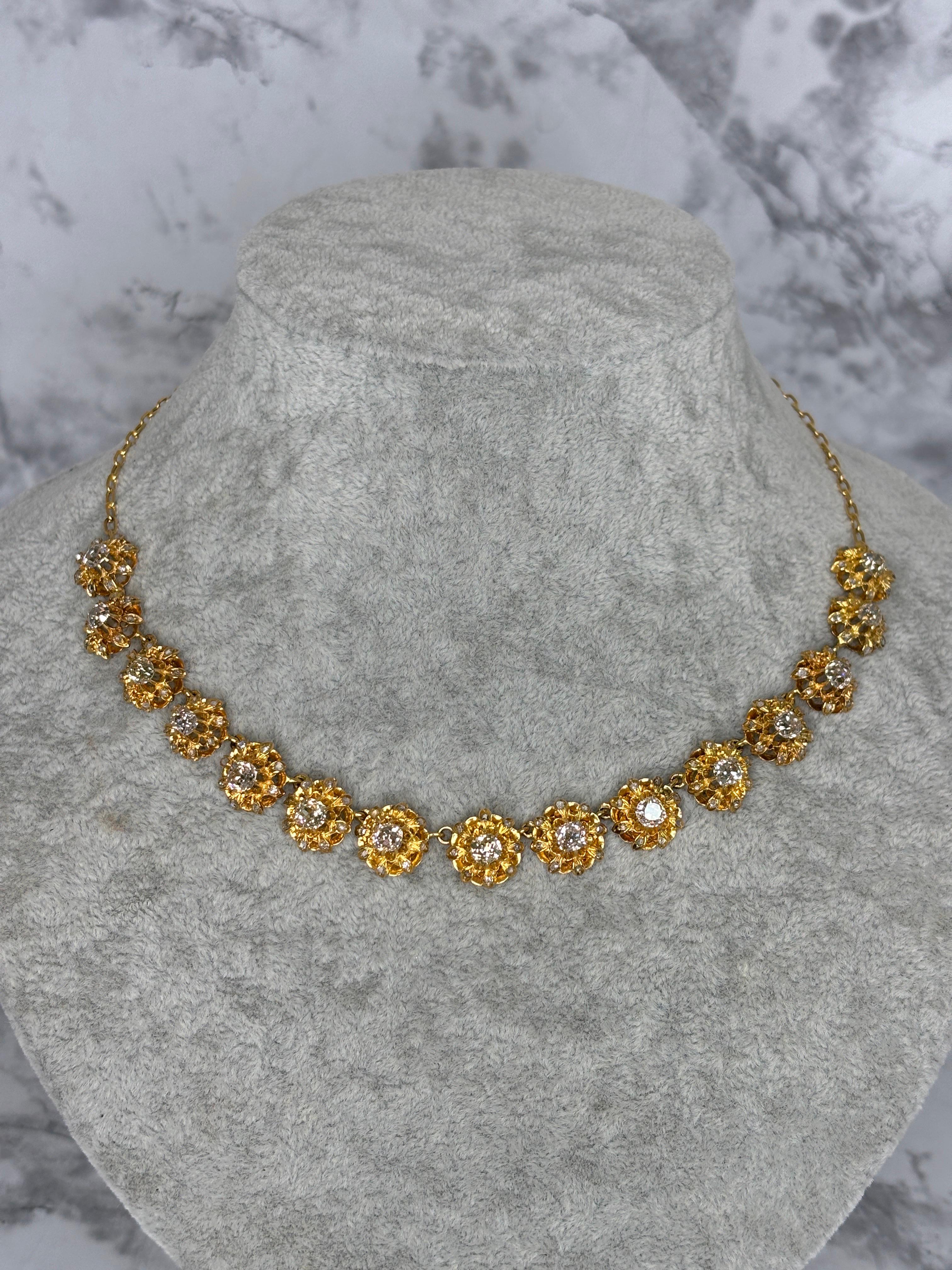 Antike Halskette aus 14k und 18 Karat Gelbgold mit Diamanten im alten Minenschliff im Angebot 1