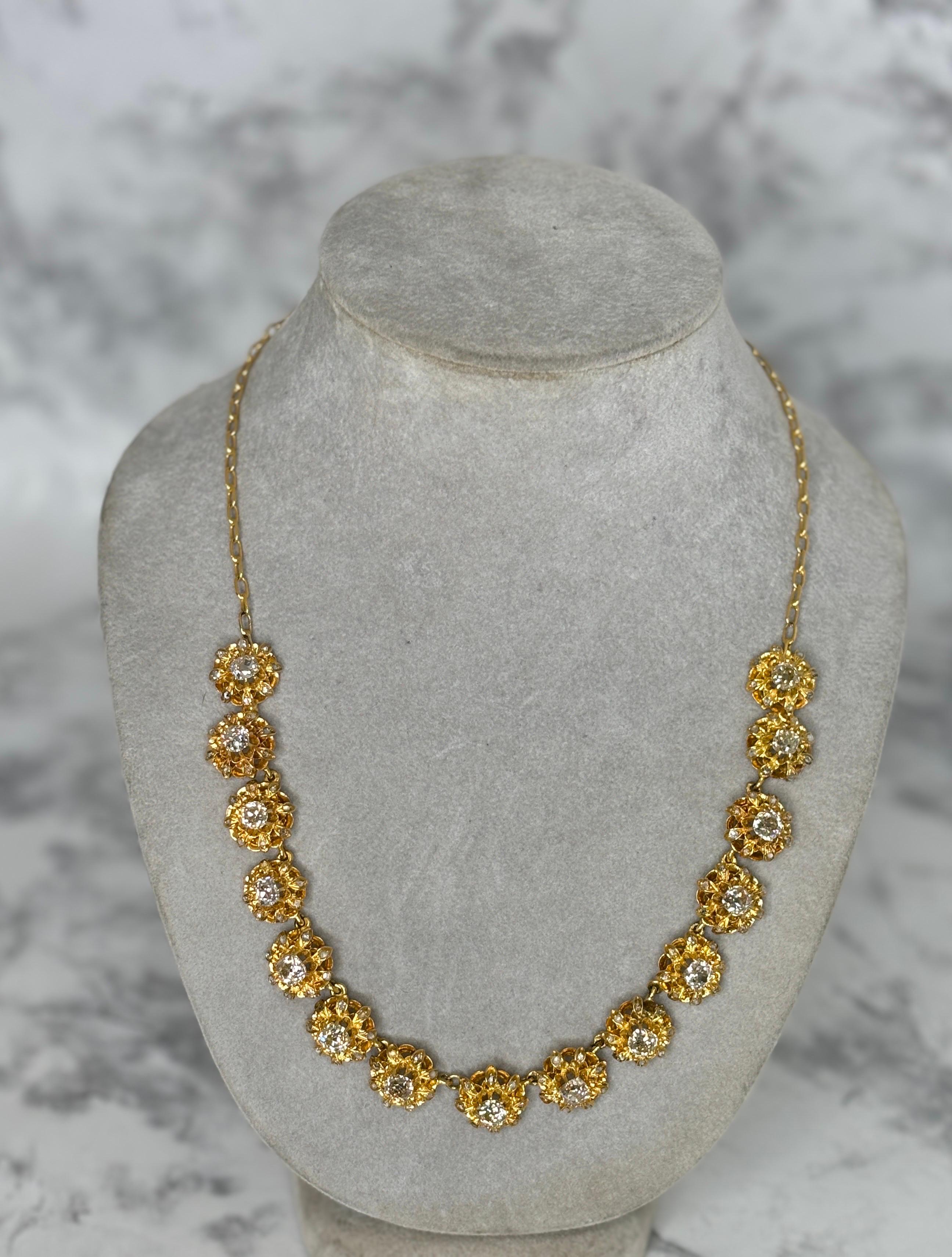 Antike Halskette aus 14k und 18 Karat Gelbgold mit Diamanten im alten Minenschliff im Angebot 3