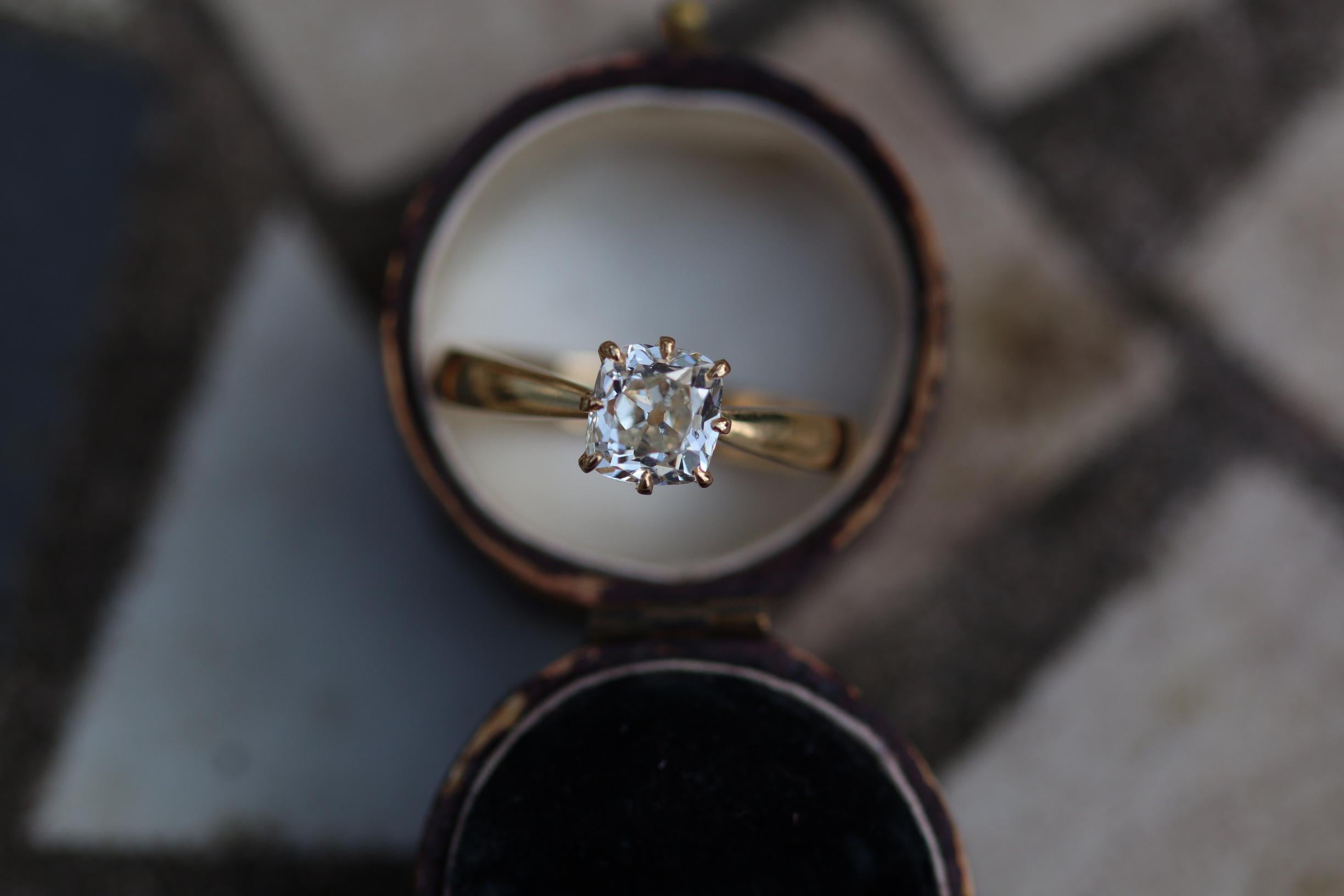 A solitaire ring is a statement. It is showing that more is not always better. A single stone on a simple elegant band is sometimes all that is needed. When you have an antique old mine cut diamond, why hide it amongst other stones or a complicated